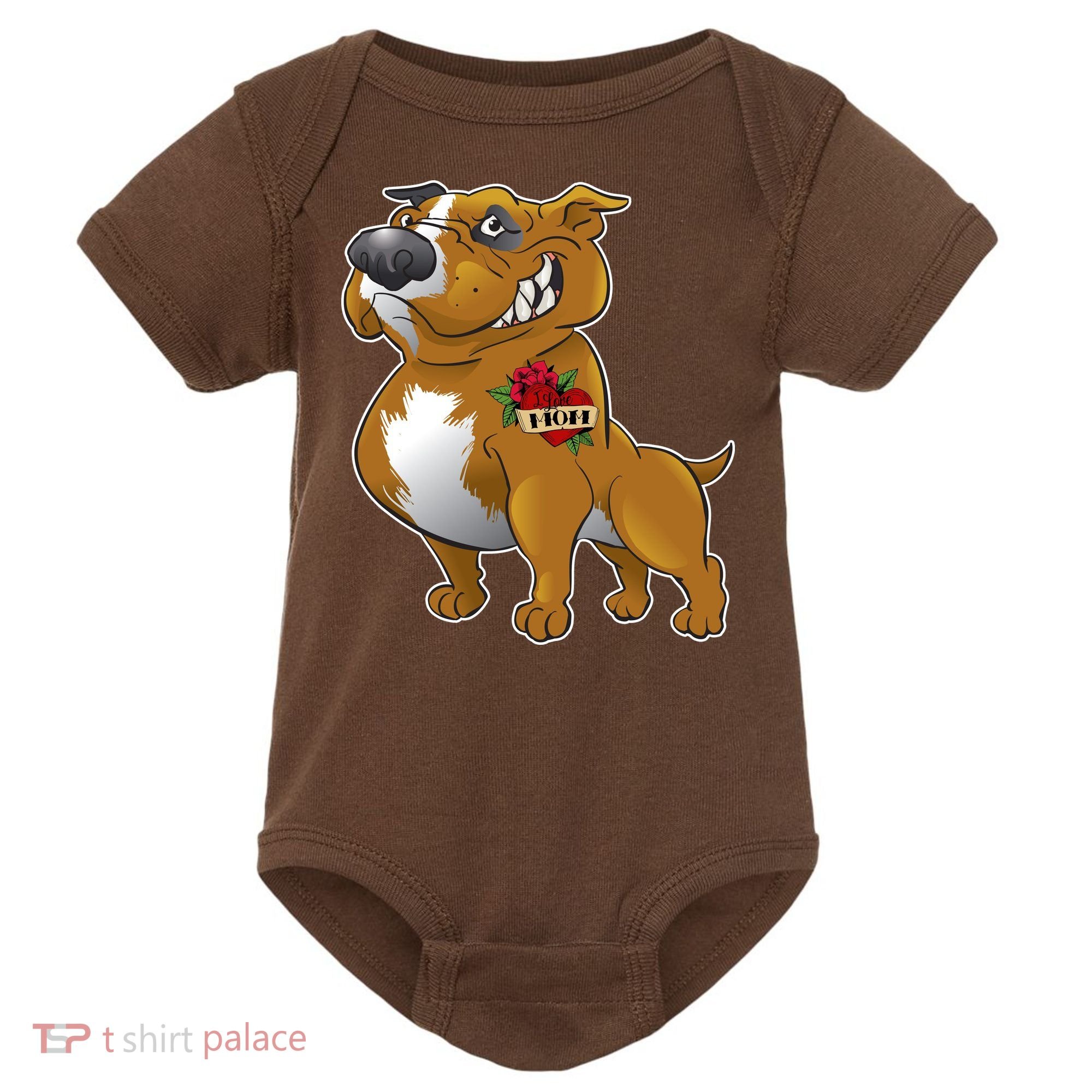 Brown Pitbull I Love Mom Baby Bodysuit