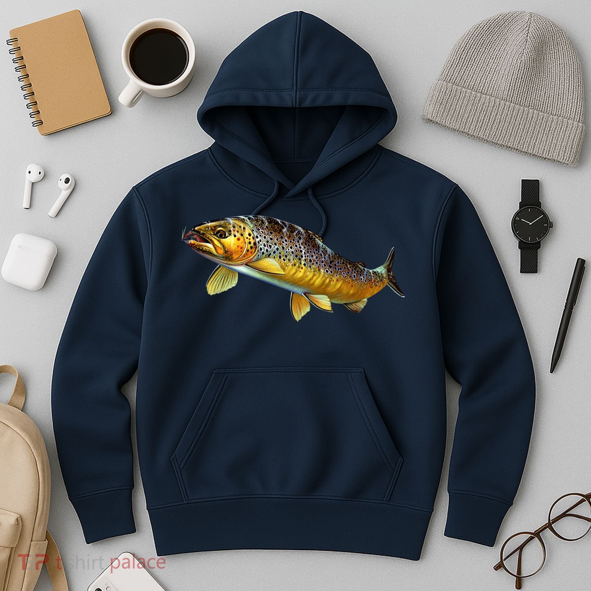 Brown Trout Fish with Fly Hoodie