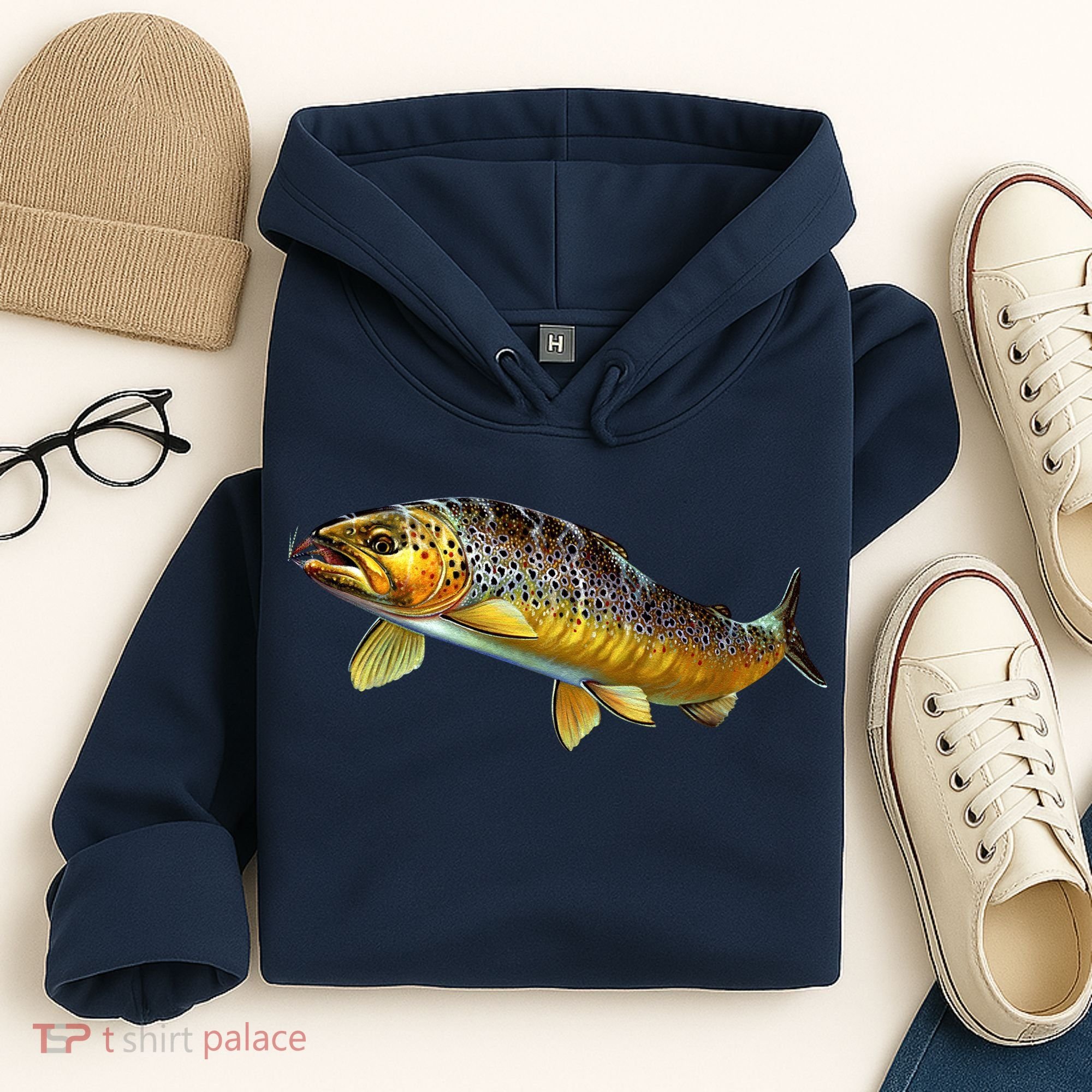 Brown Trout Fish with Fly Hoodie