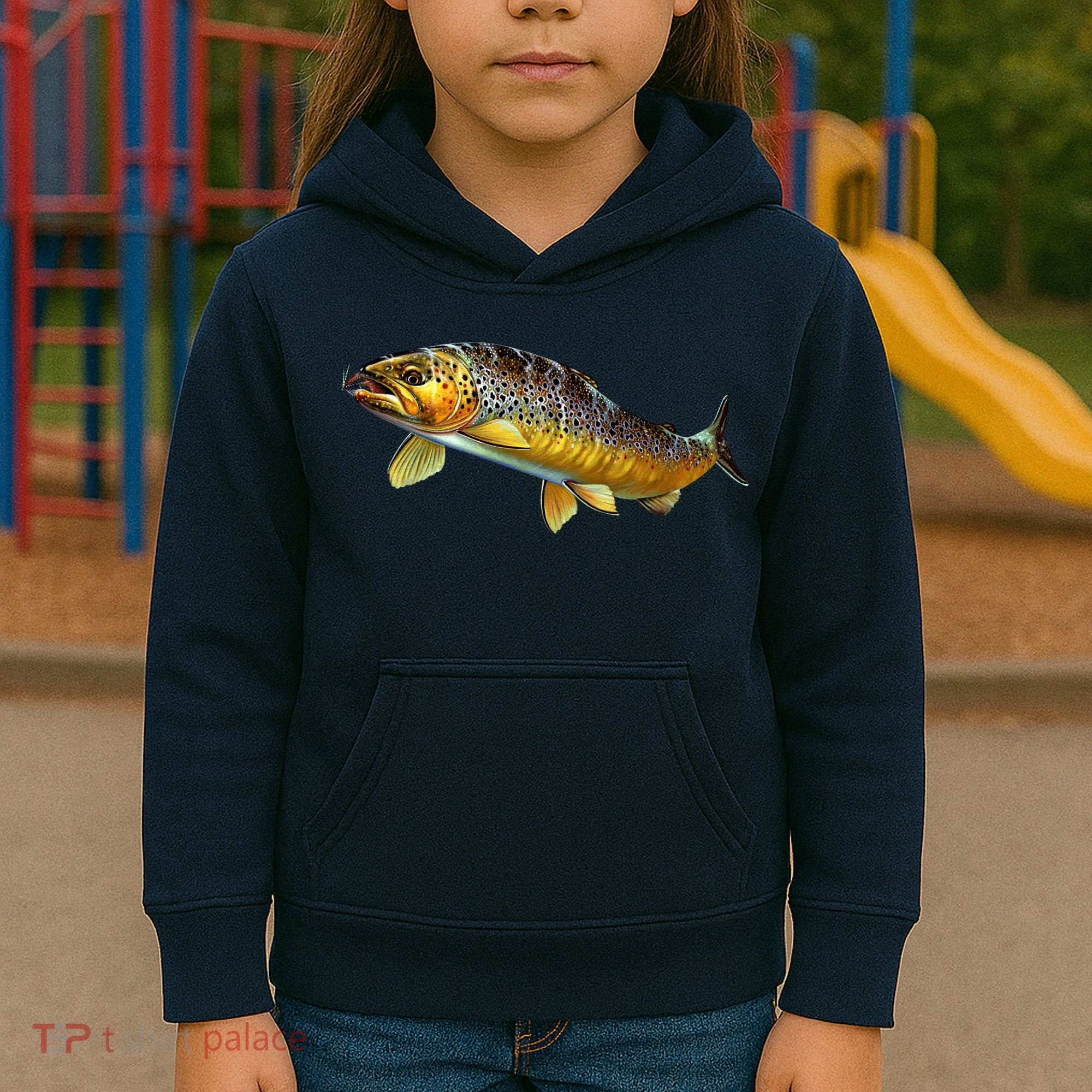 Brown Trout Fish with Fly Kids Hoodie