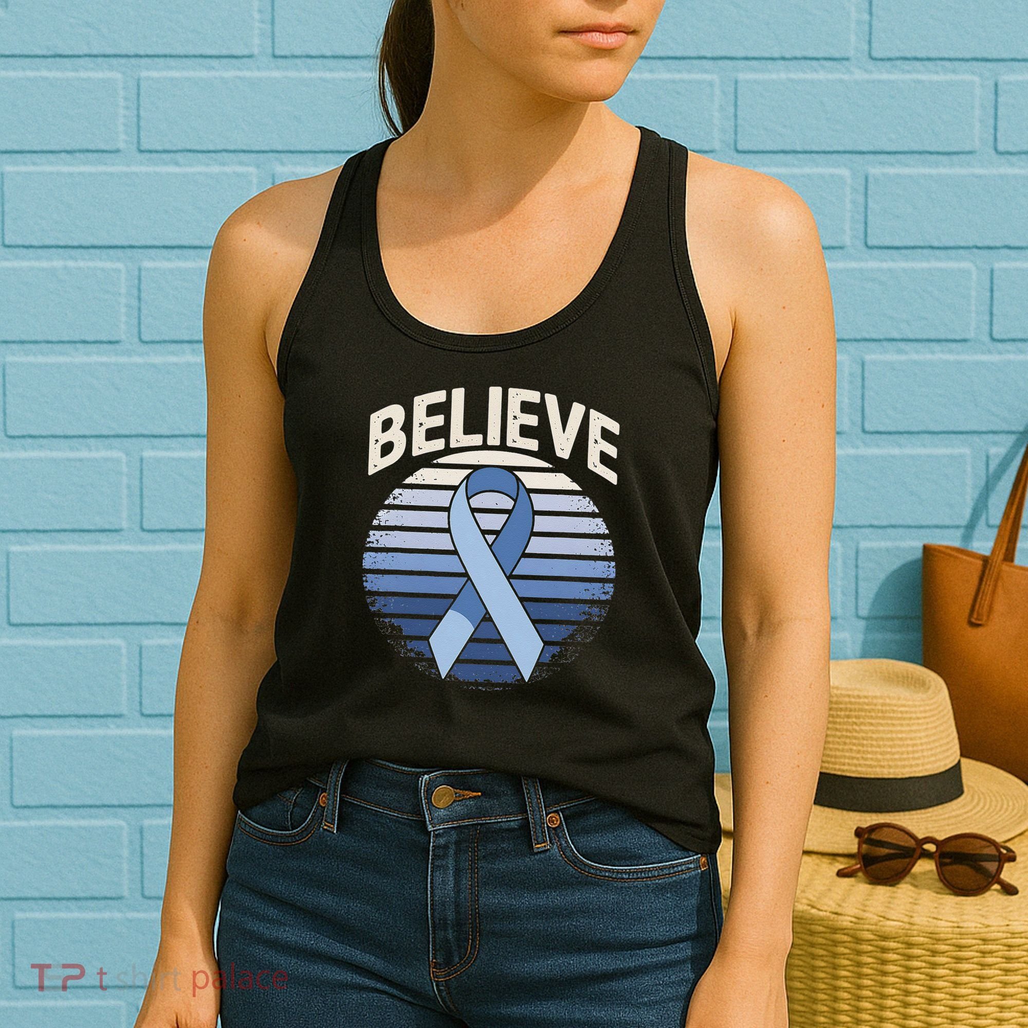 Blue Ribbon Prostate Colon Cancer Believe Awareness Women's Tank Top