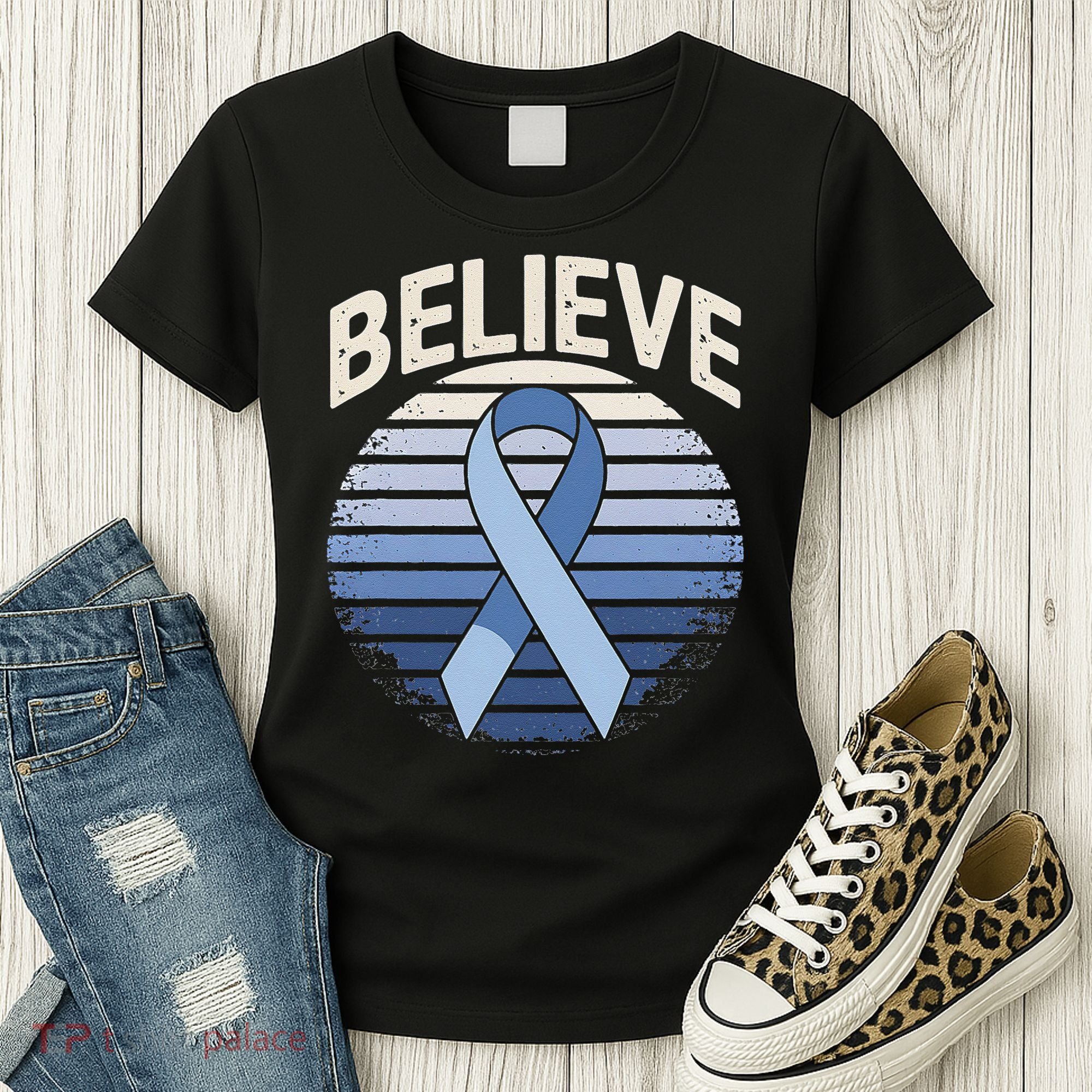 Blue Ribbon Prostate Colon Cancer Believe Awareness Women's T-Shirt