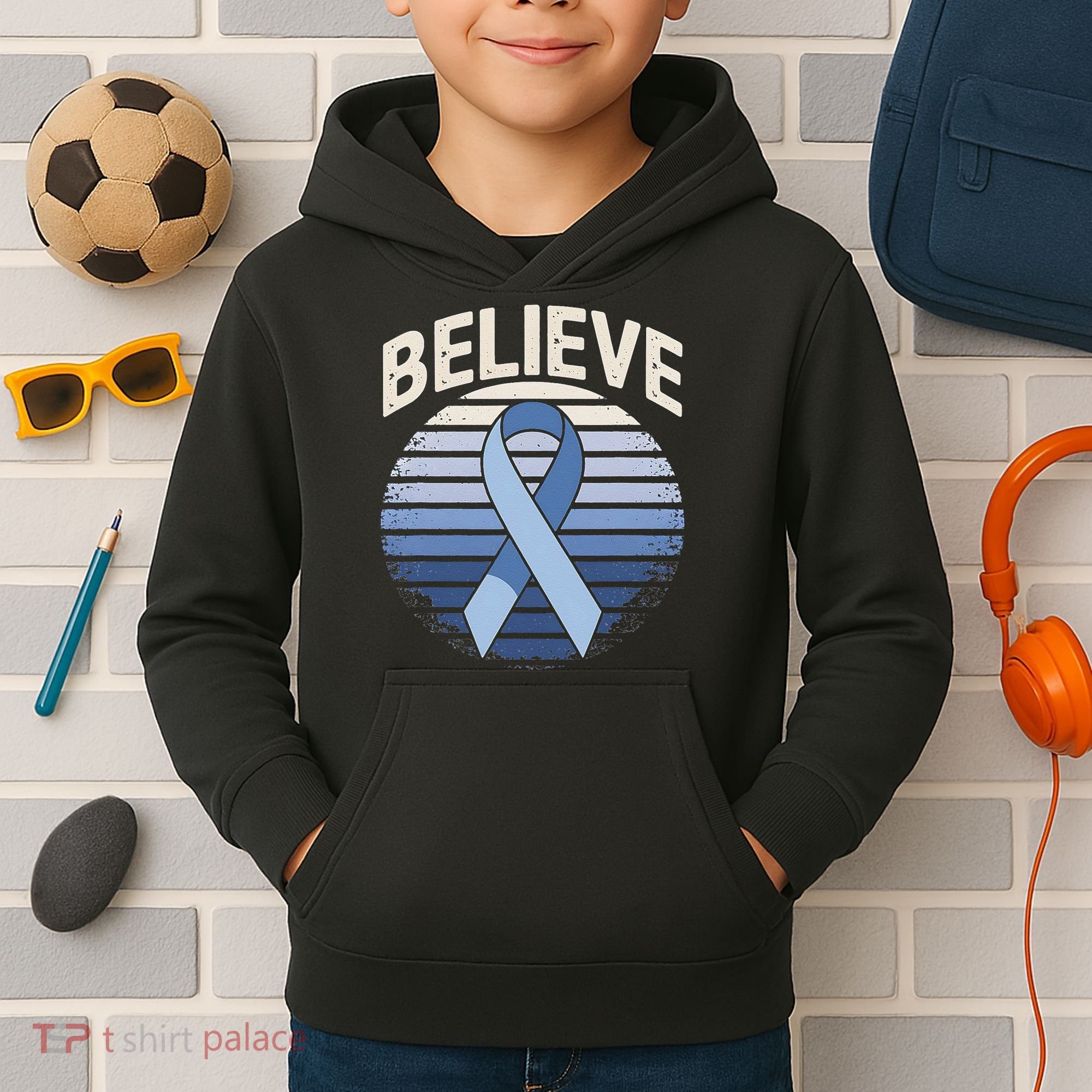 Blue Ribbon Prostate Colon Cancer Believe Awareness Kids Hoodie