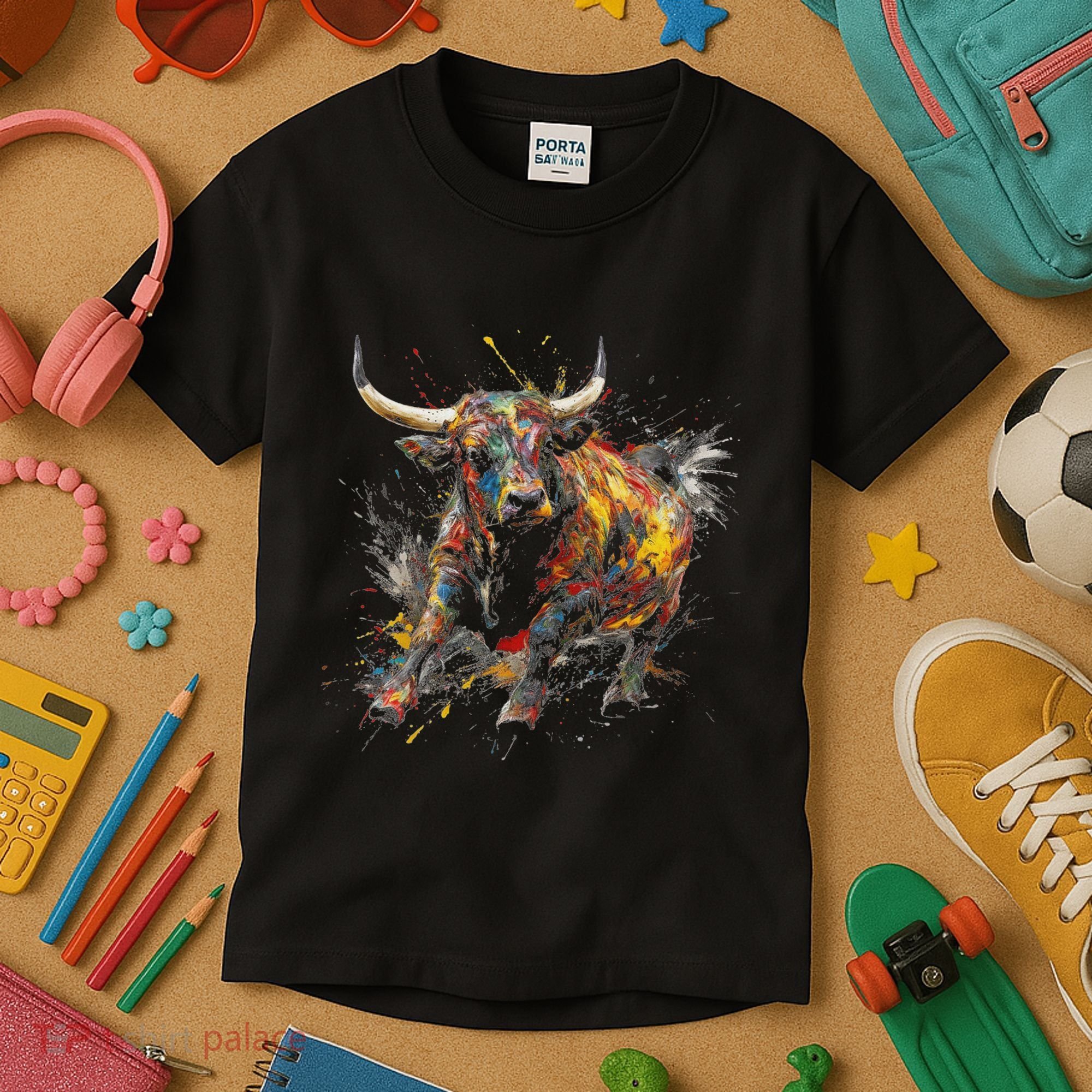 Bull Riding Rodeo Cool Abstract Drip Painting Art Kids T-Shirt