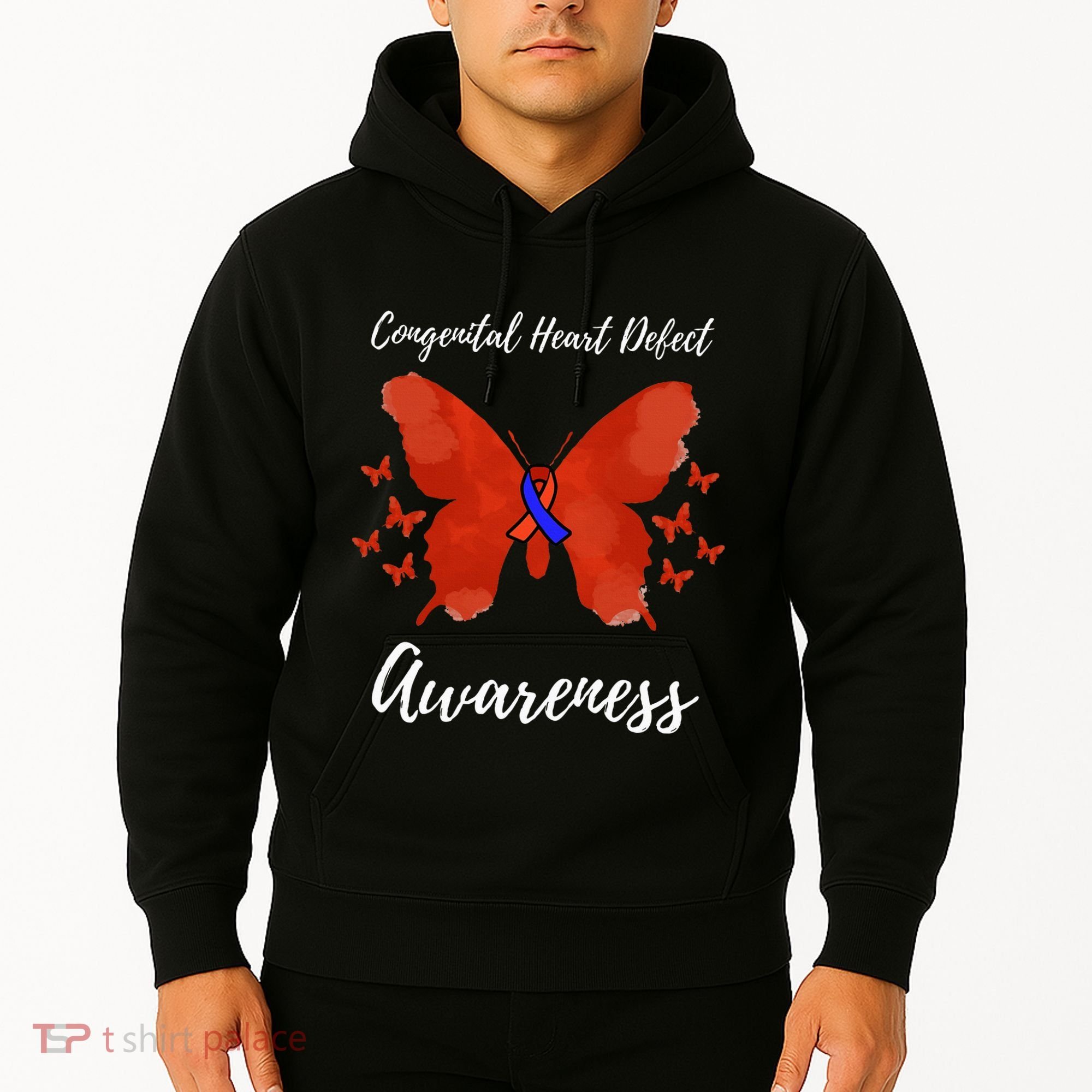 Blue Red Ribbon CHD Congenital Heart Defect Awareness Hoodie