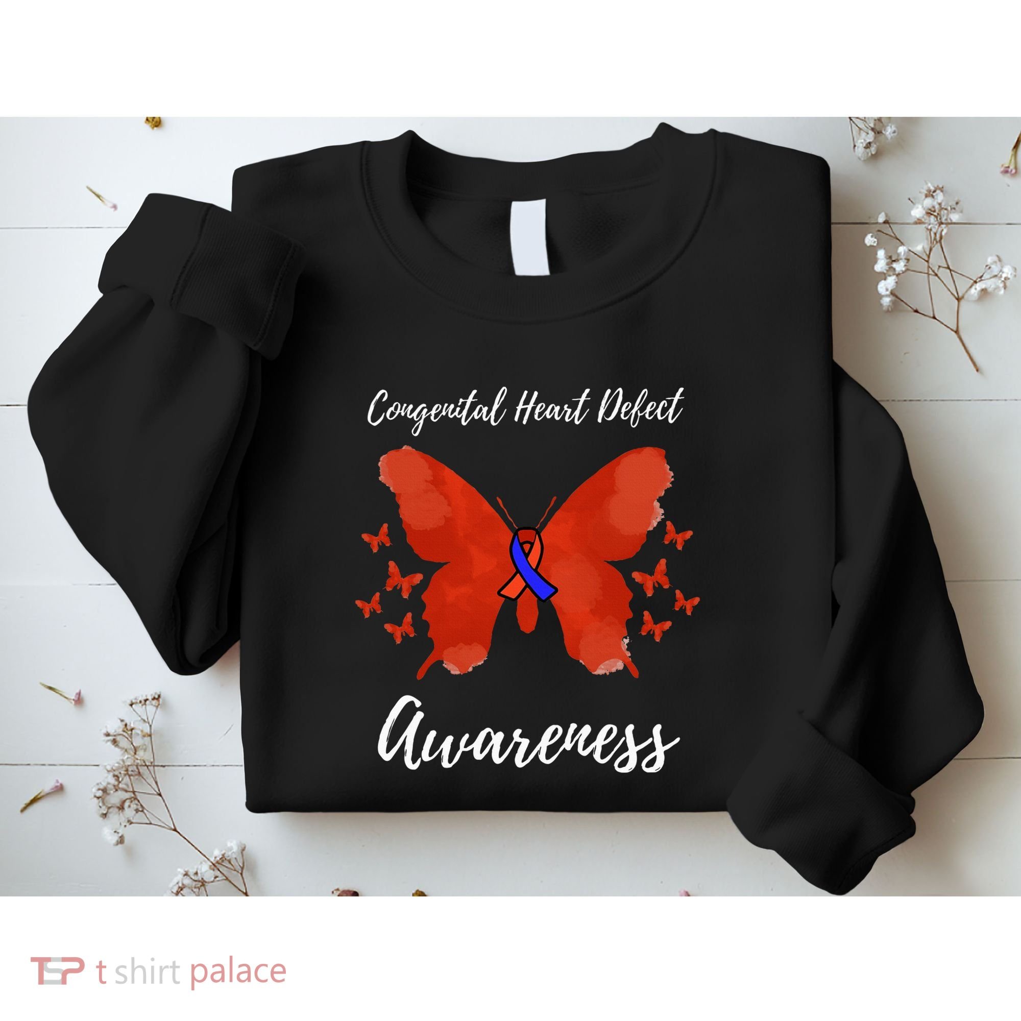 Blue Red Ribbon CHD Congenital Heart Defect Awareness Sweatshirt