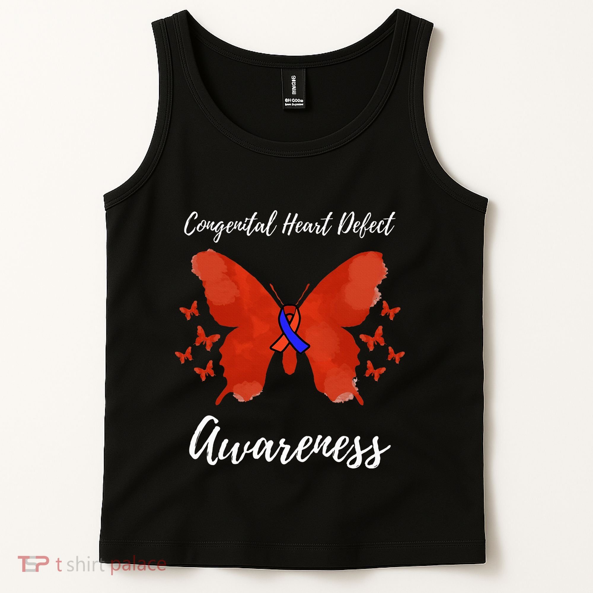 Blue Red Ribbon CHD Congenital Heart Defect Awareness Tank Top