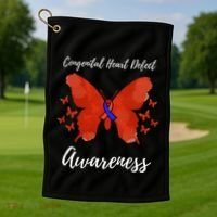 Blue Red Ribbon CHD Congenital Heart Defect Awareness Golf Towel thumb 1