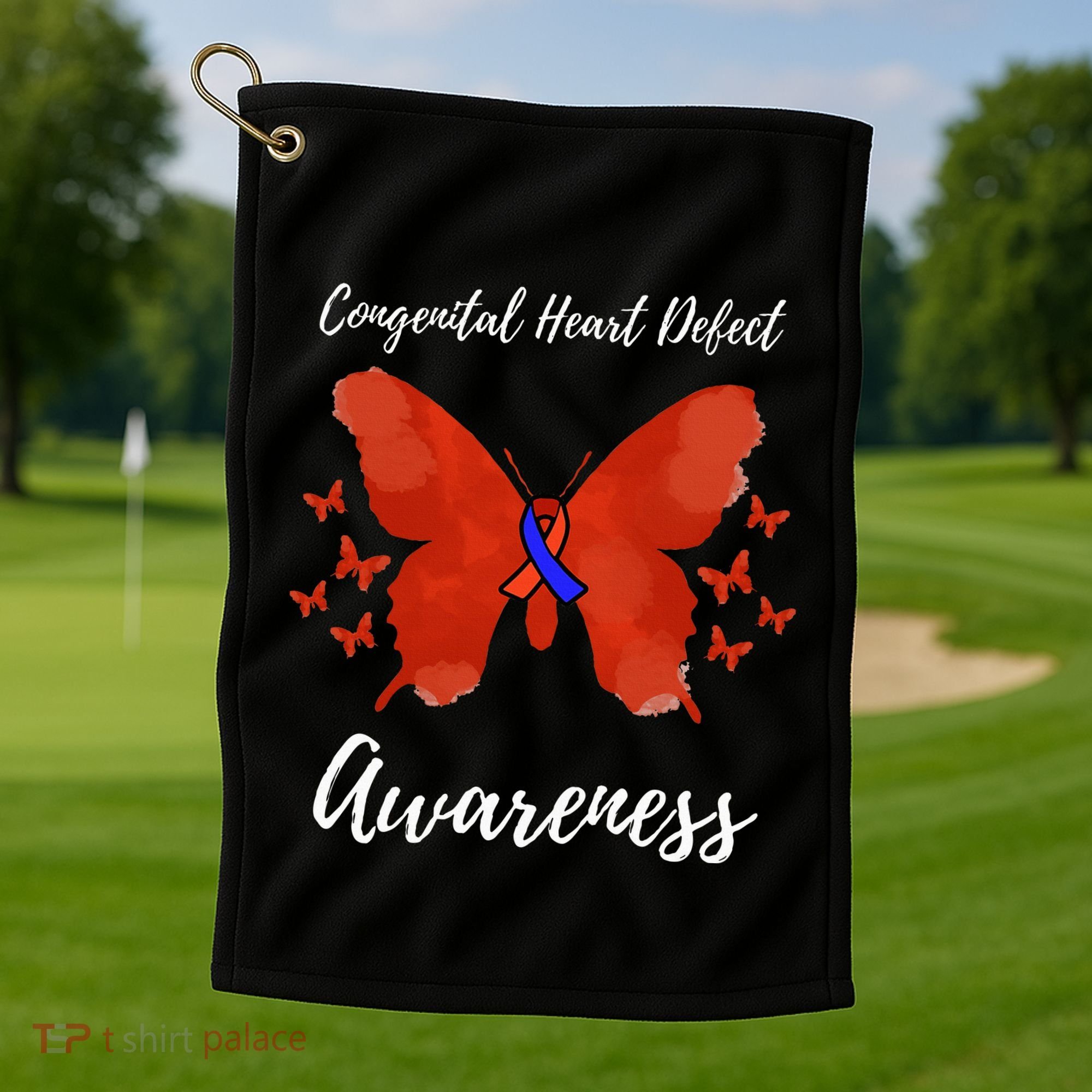 Blue Red Ribbon CHD Congenital Heart Defect Awareness Golf Towel