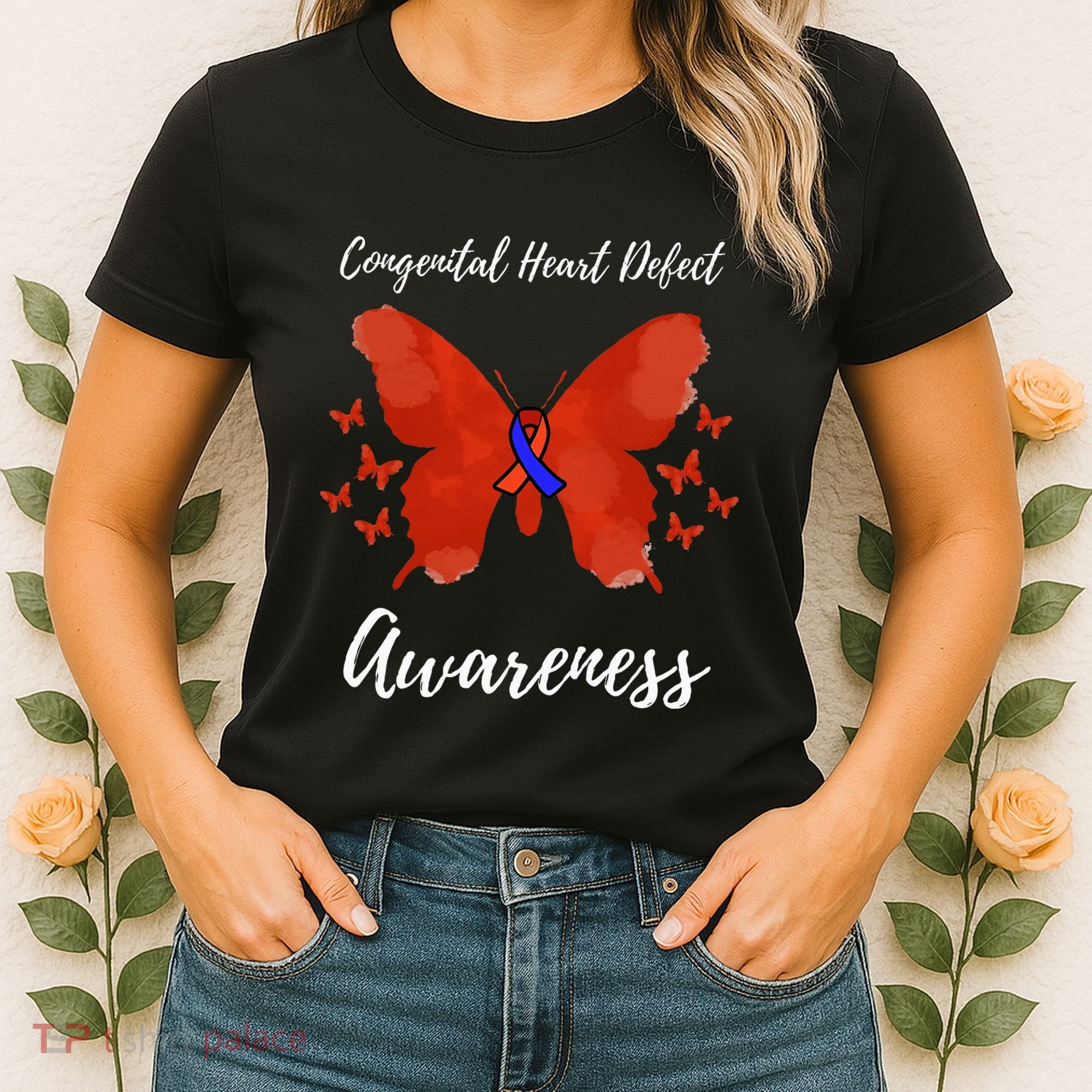 Blue Red Ribbon CHD Congenital Heart Defect Awareness Women's T-Shirt