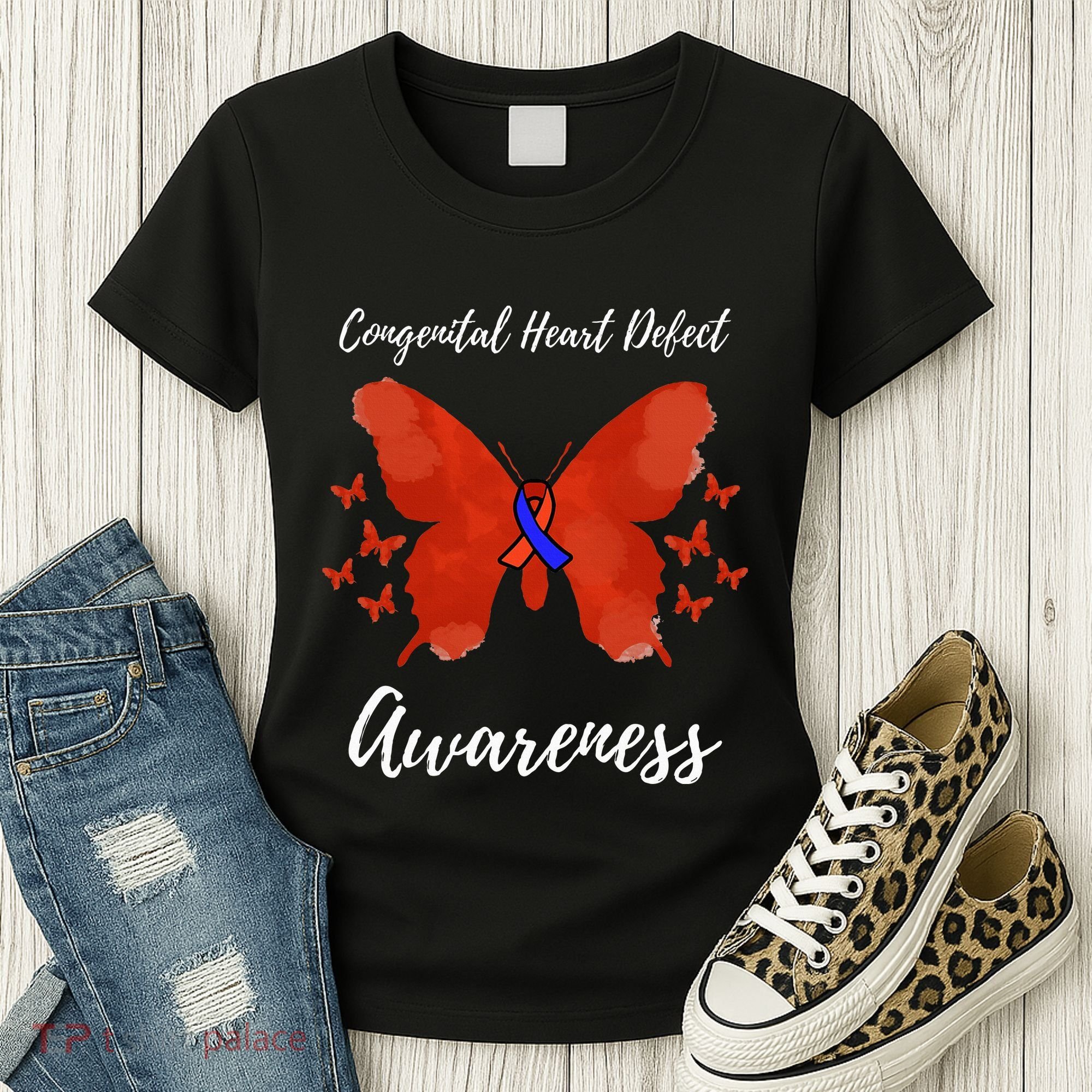 Blue Red Ribbon CHD Congenital Heart Defect Awareness Women's T-Shirt