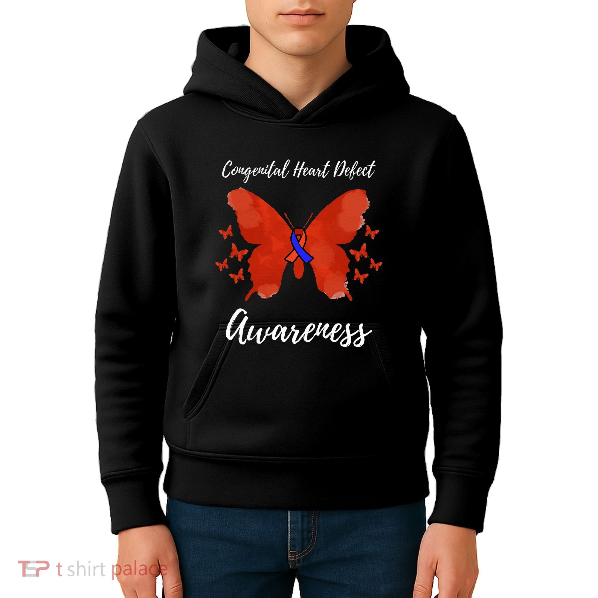 Blue Red Ribbon CHD Congenital Heart Defect Awareness Kids Hoodie
