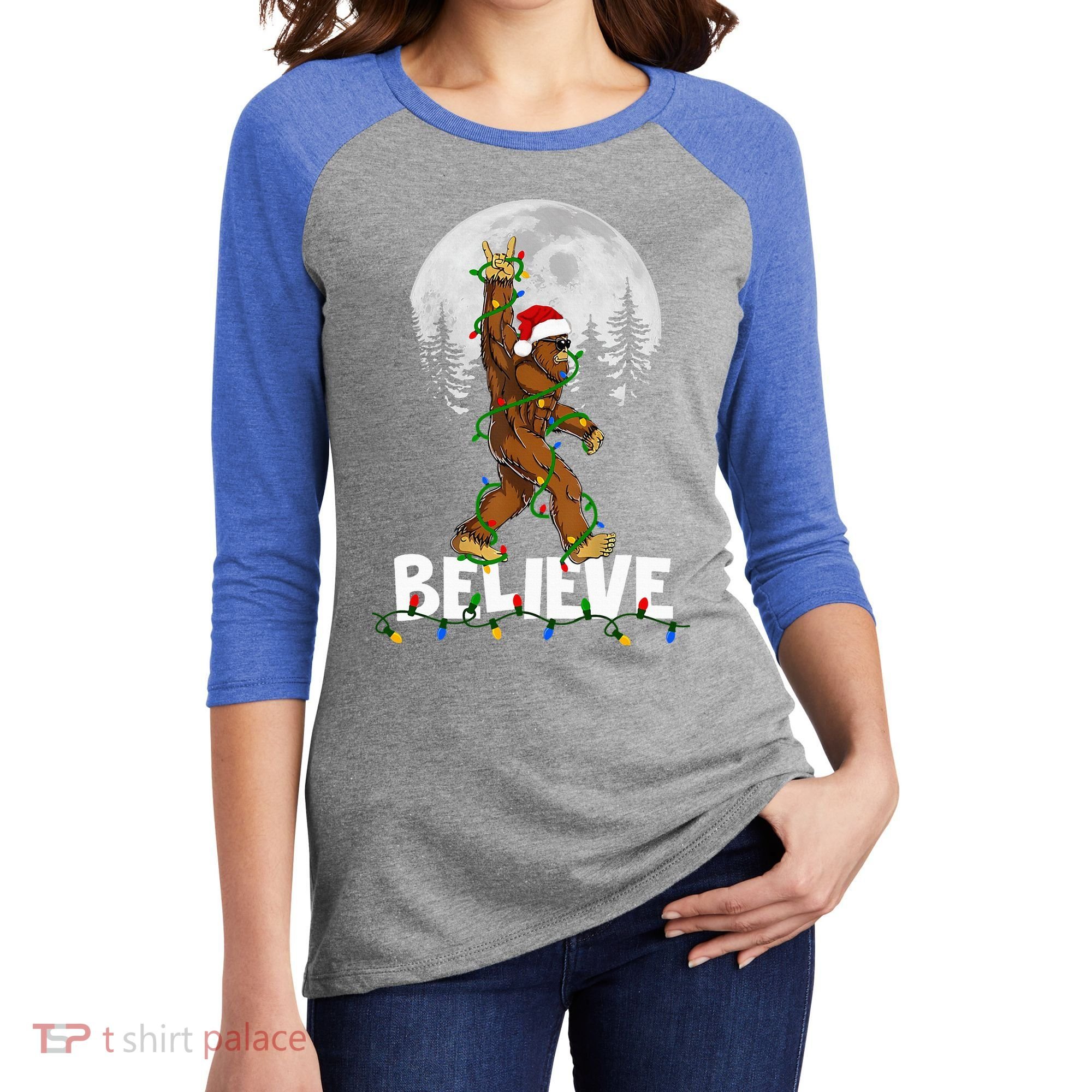 Bigfoot Rock Roll Sasquatch Christmas Believe Gifts  Women's Tri-Blend 3/4-Sleeve Raglan Shirt