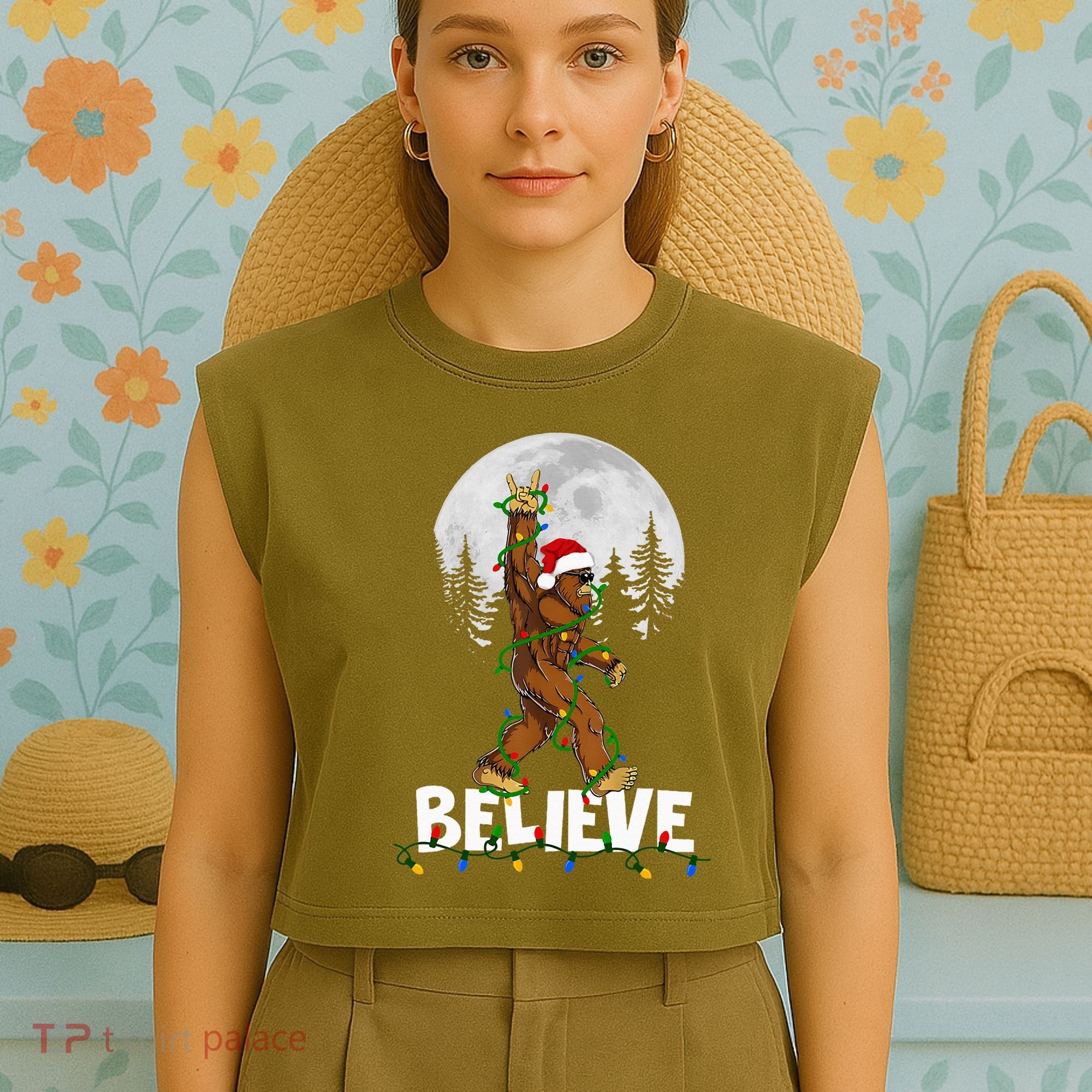 Bigfoot Rock Roll Sasquatch Christmas Believe Gifts  Garment-Dyed Women's Muscle Tee