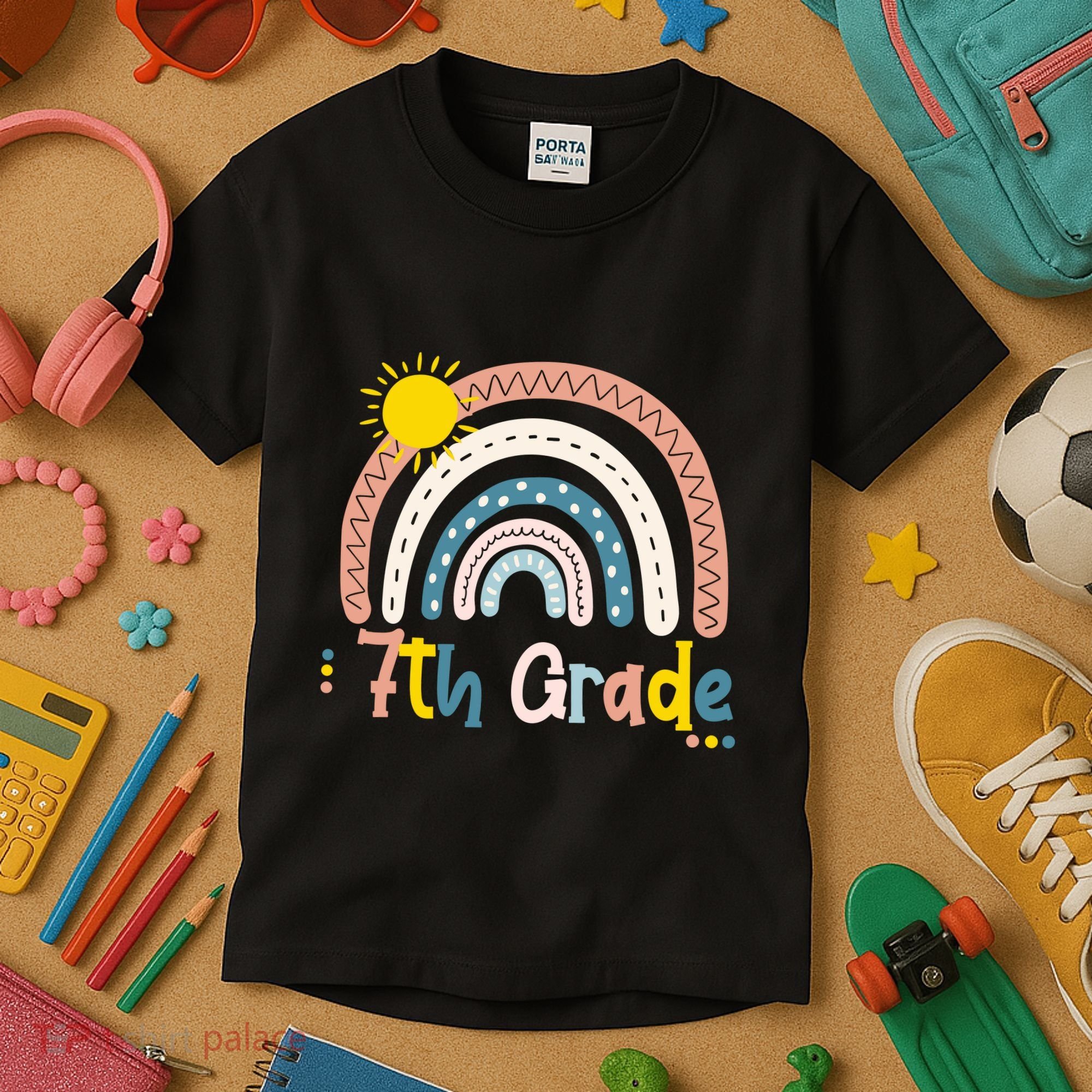 Boho Rainbow Sun For Teachers Women Hello 7th Grade Gift Kids T-Shirt