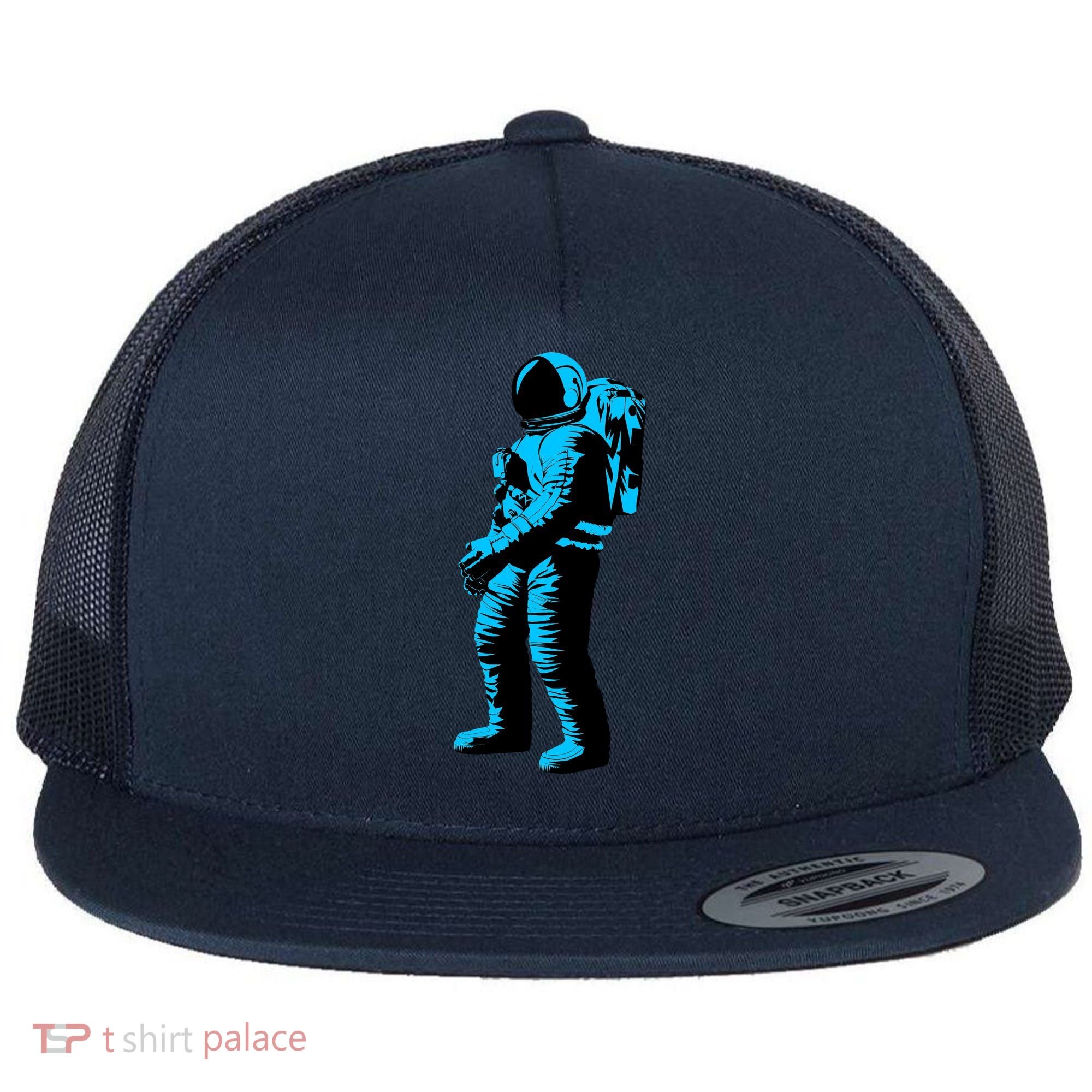 Blue Retro Space Astronaut Flat Bill Trucker Hat