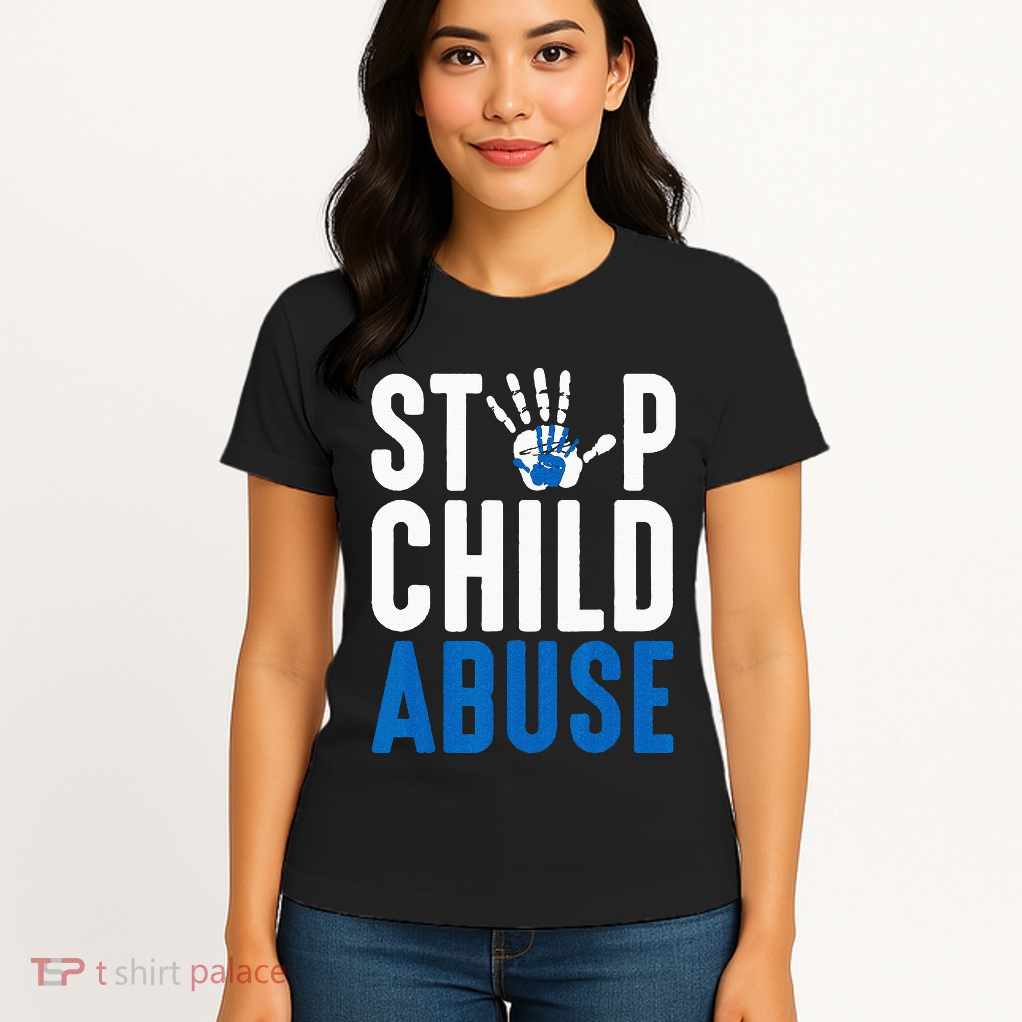 Blue Ribbon Stop Child Abuse Prevention Month Awareness Women's T-Shirt