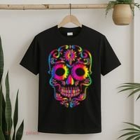 Bright Rainbow Sugar Skull Day Of The Dead T-Shirt thumb 2