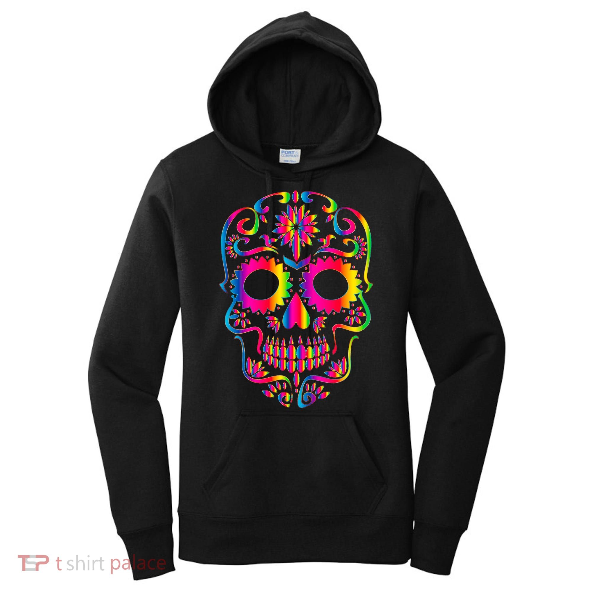 Bright Rainbow Sugar Skull Day Of The Dead Women's Hoodie