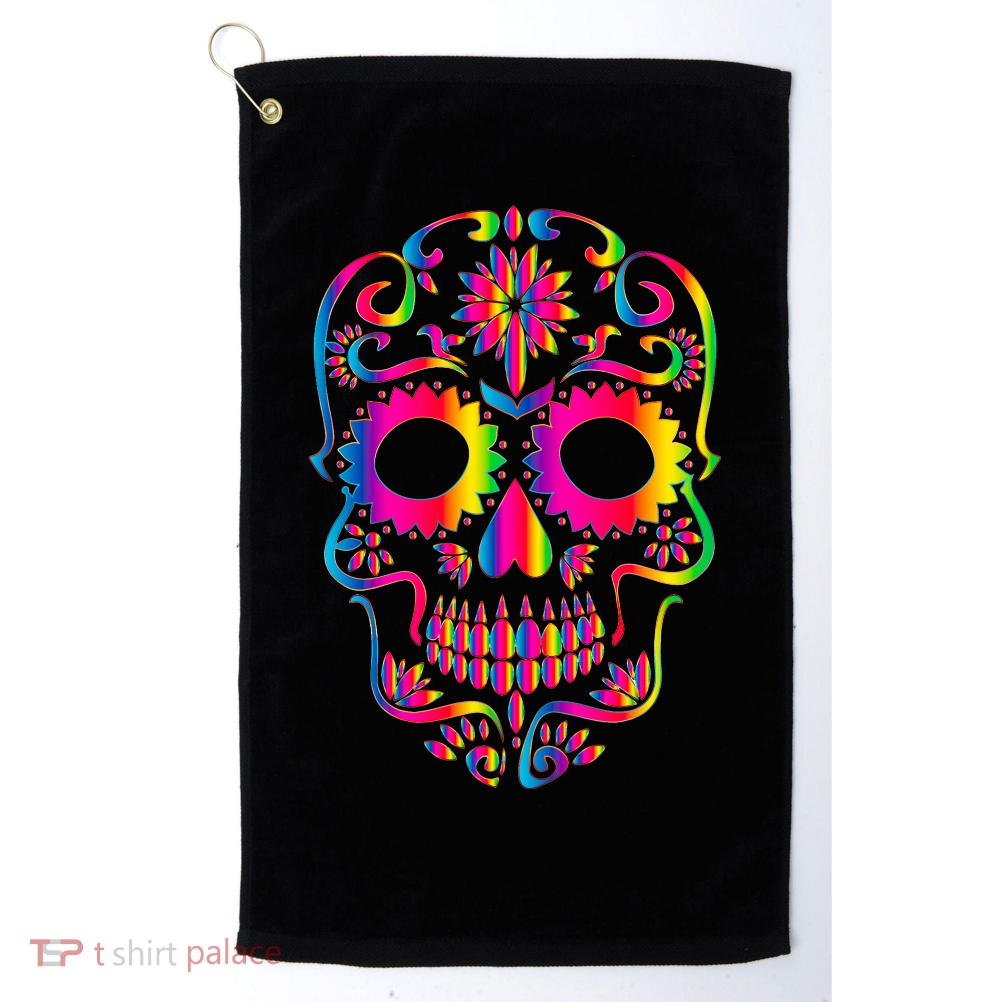 Bright Rainbow Sugar Skull Day Of The Dead Golf Towel