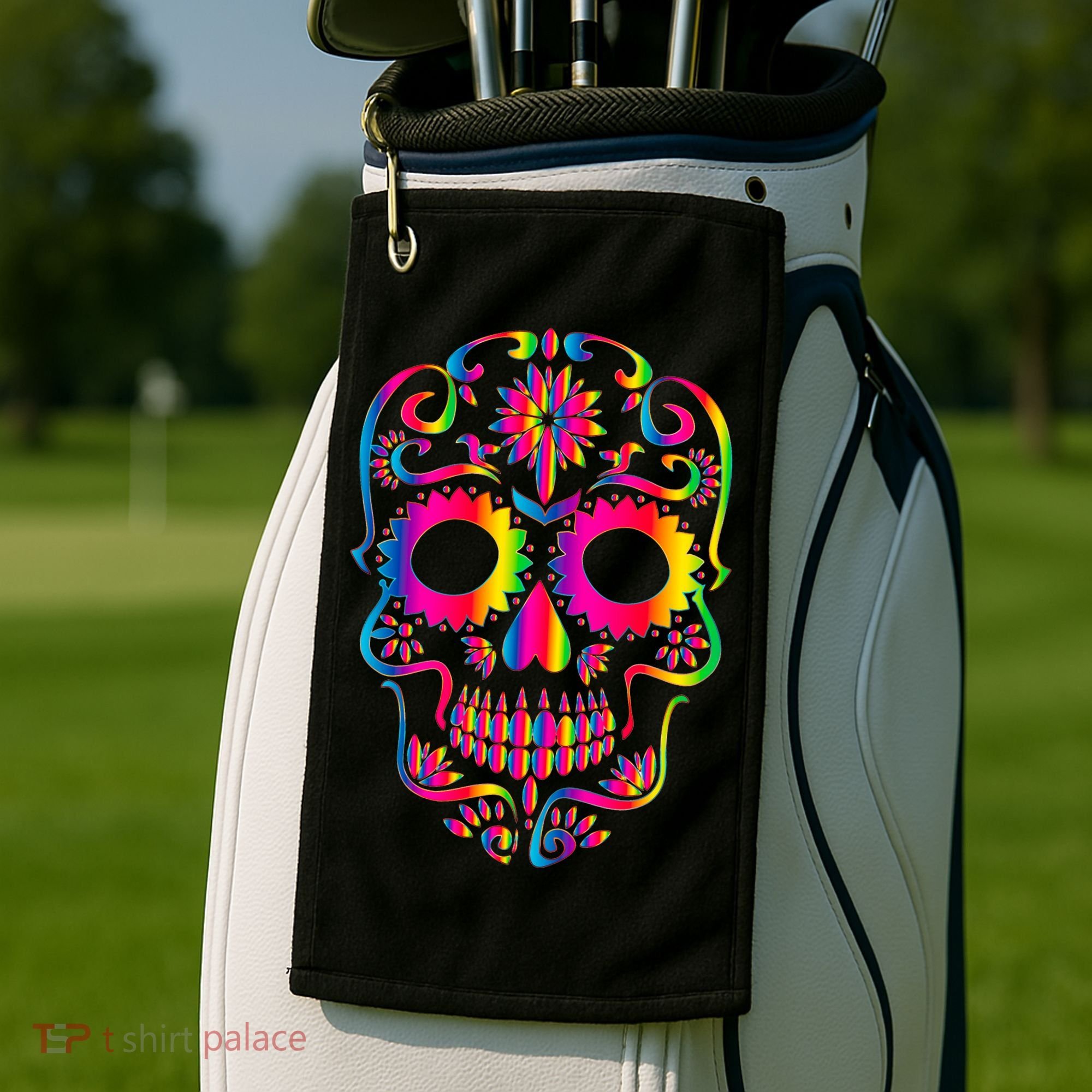 Bright Rainbow Sugar Skull Day Of The Dead Golf Towel