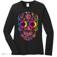 Bright Rainbow Sugar Skull Day Of The Dead Women's Long Sleeve Shirt thumb 0