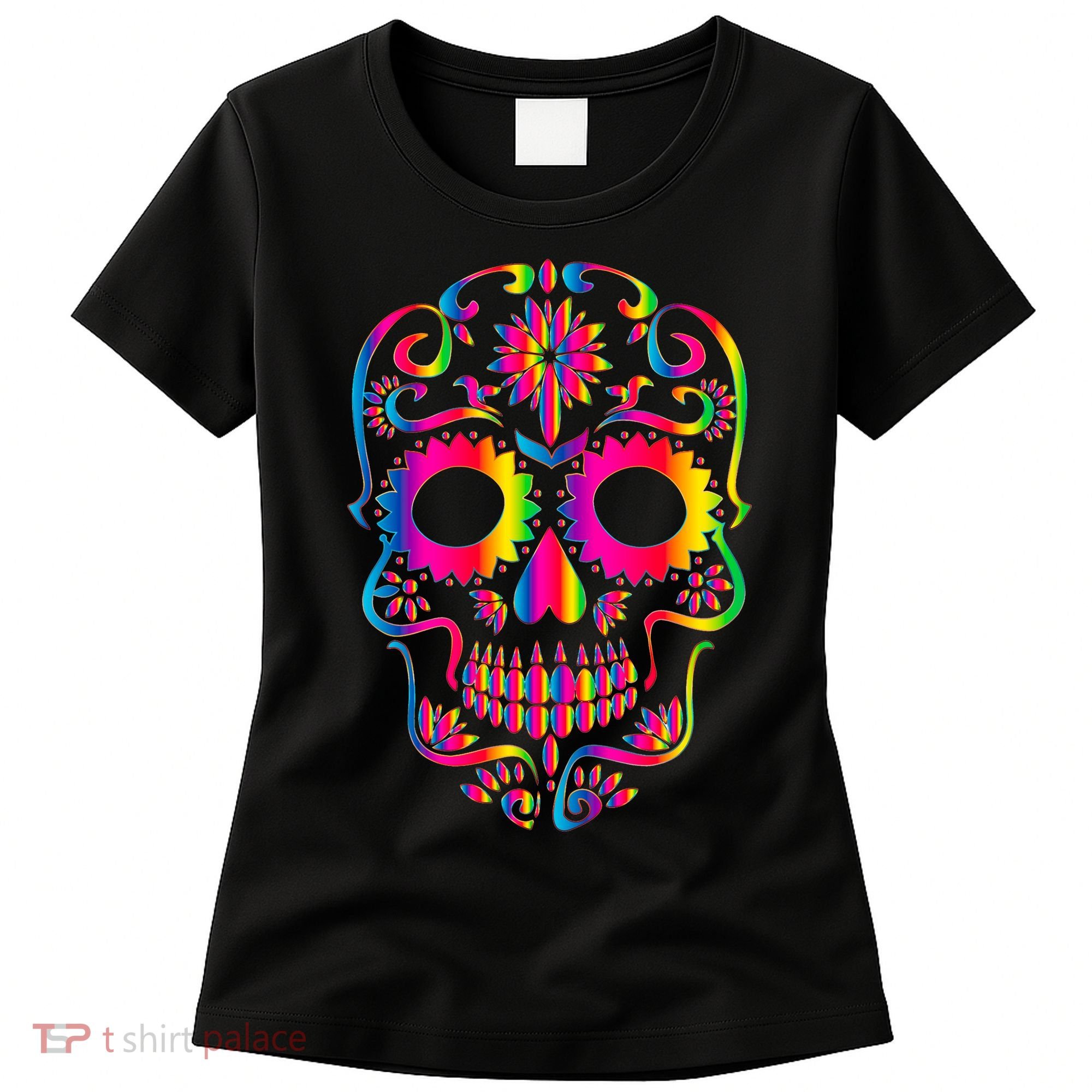 Bright Rainbow Sugar Skull Day Of The Dead Women's T-Shirt