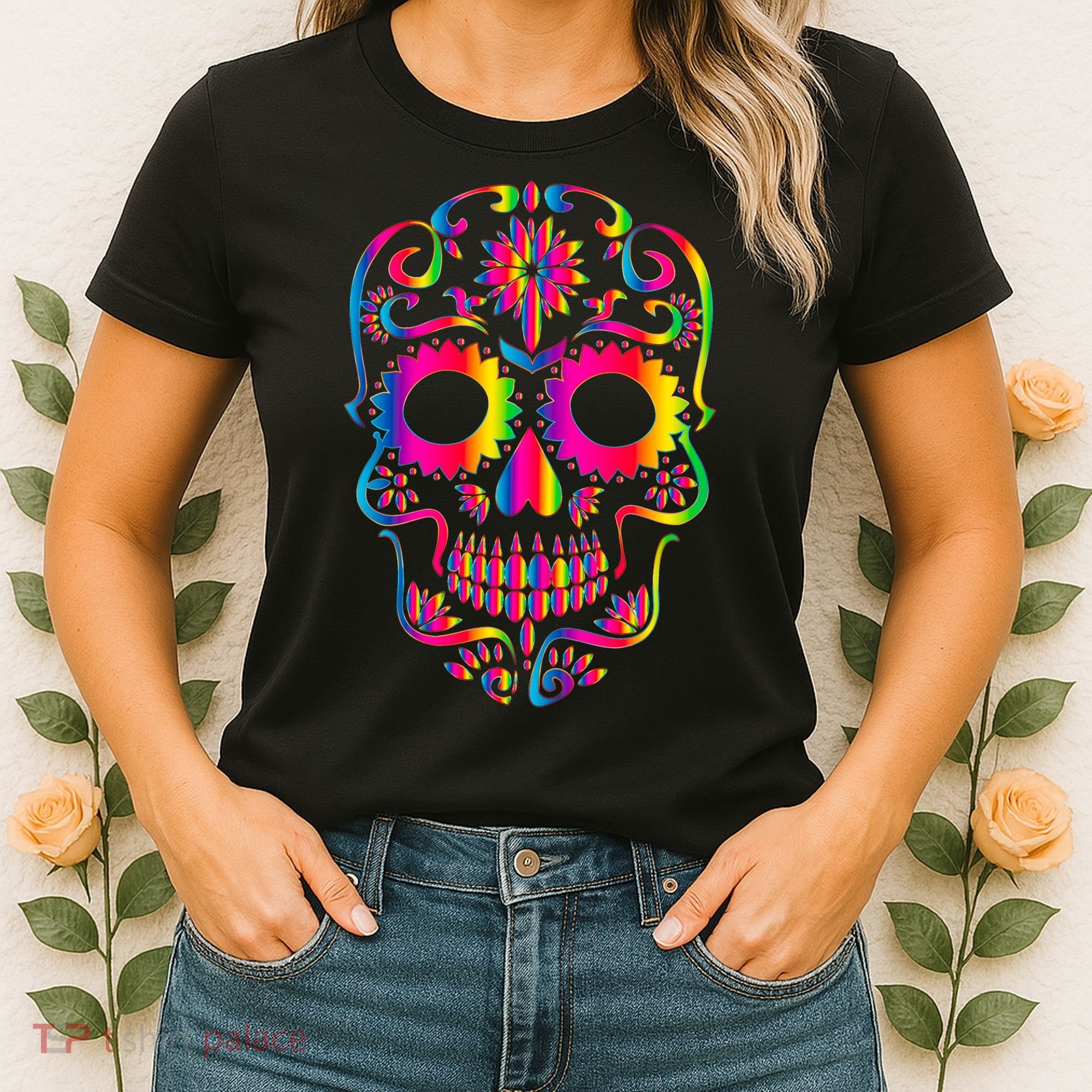 Bright Rainbow Sugar Skull Day Of The Dead Women's T-Shirt