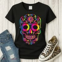 Bright Rainbow Sugar Skull Day Of The Dead Women's T-Shirt thumb 3