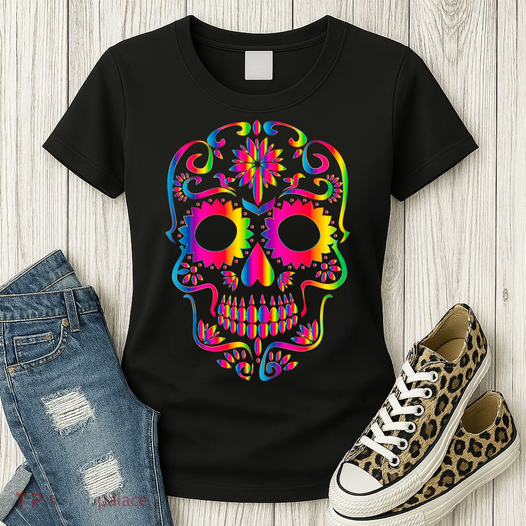 Bright Rainbow Sugar Skull Day Of The Dead Women's T-Shirt