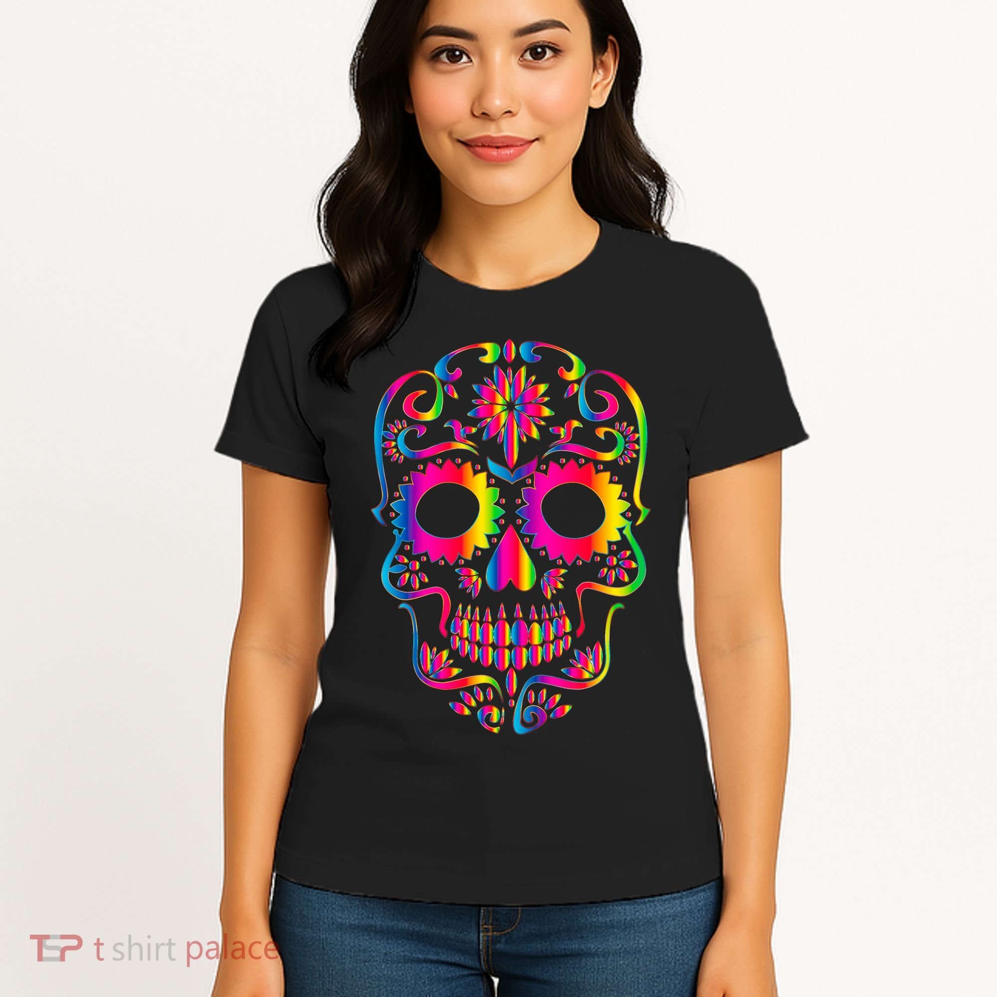 Bright Rainbow Sugar Skull Day Of The Dead Women's T-Shirt