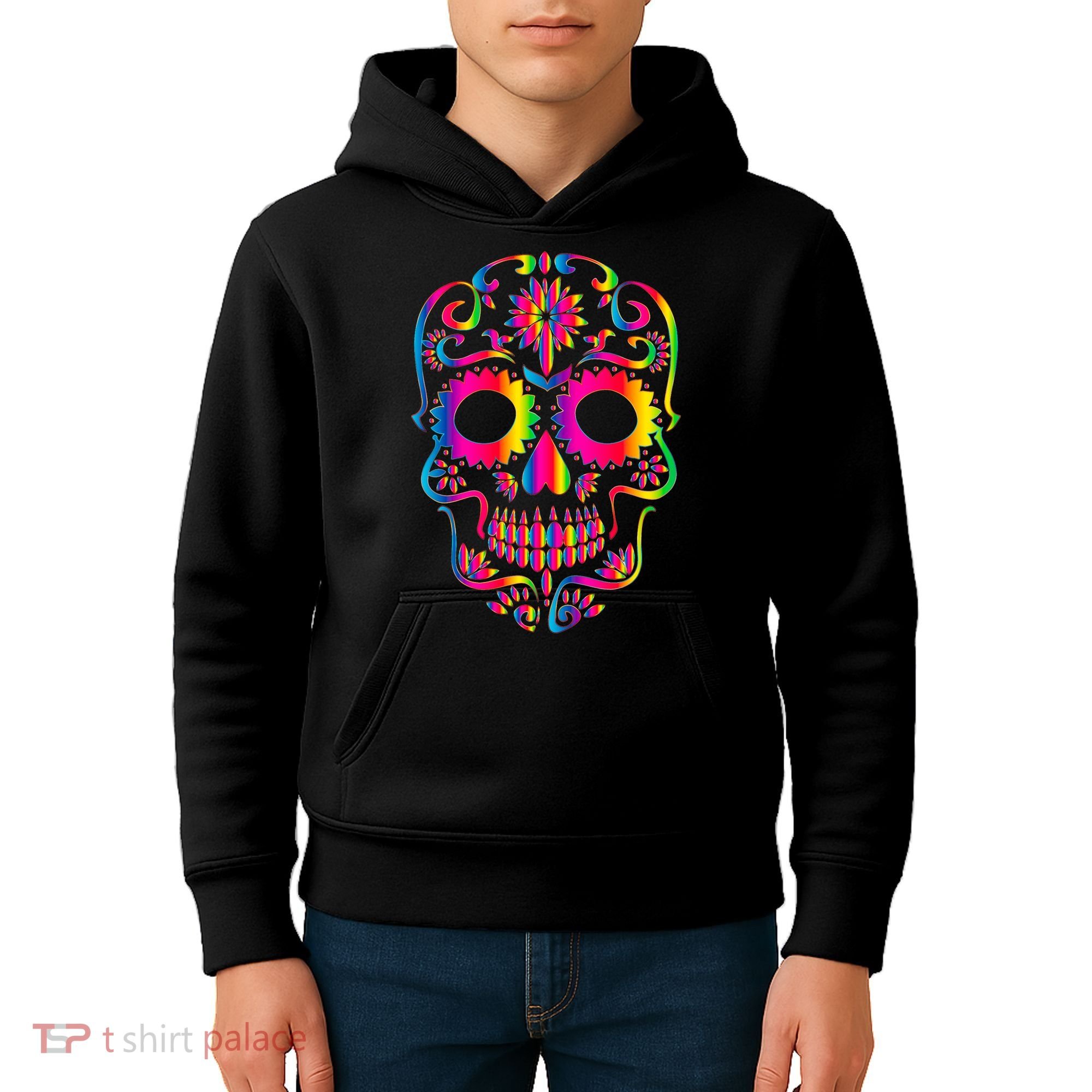 Bright Rainbow Sugar Skull Day Of The Dead Kids Hoodie