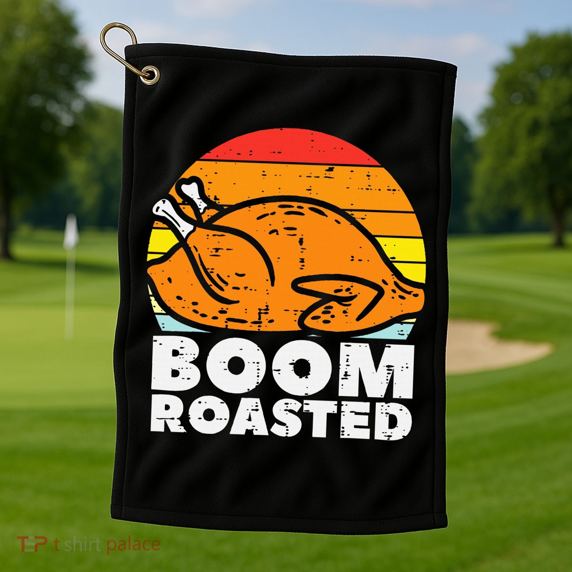 Boom Roasted Turkey Sunset Retro Thanksgiving Golf Towel