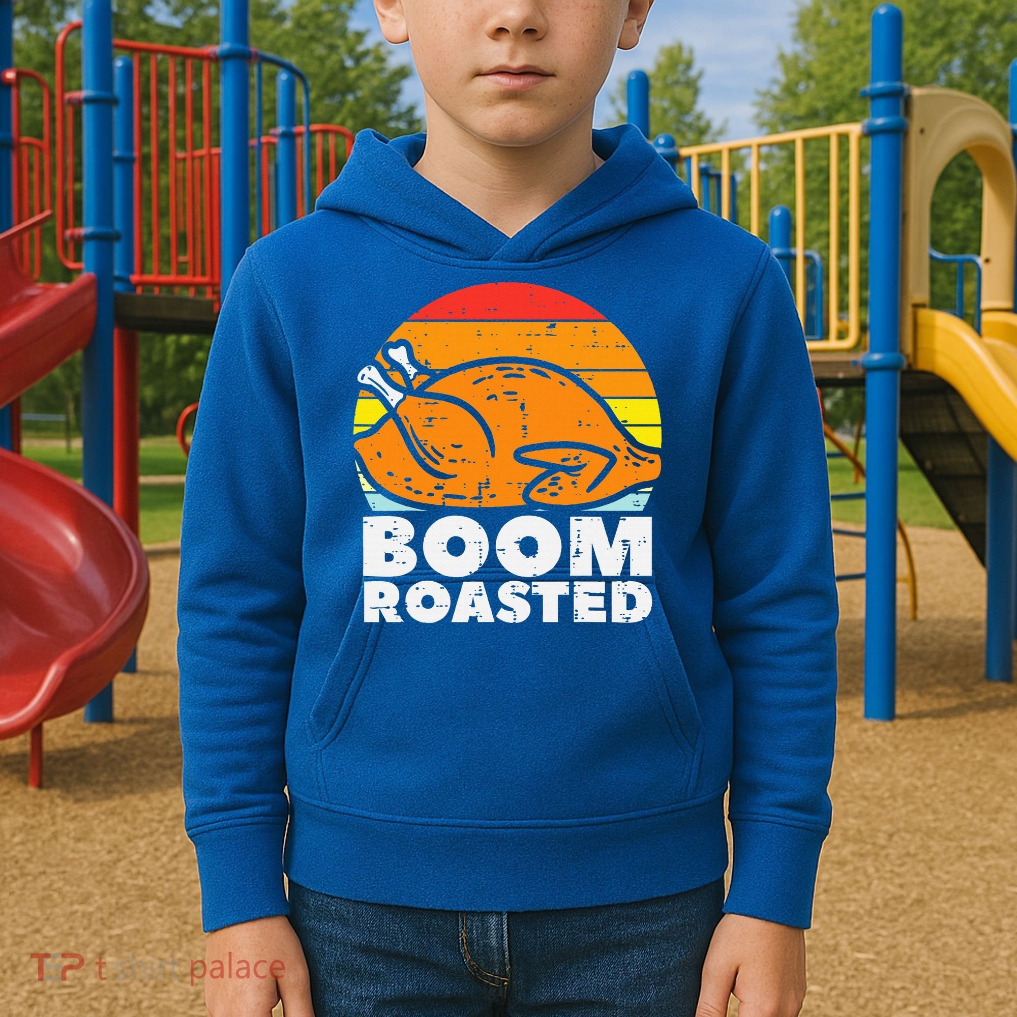 Boom Roasted Turkey Sunset Retro Thanksgiving Kids Hoodie