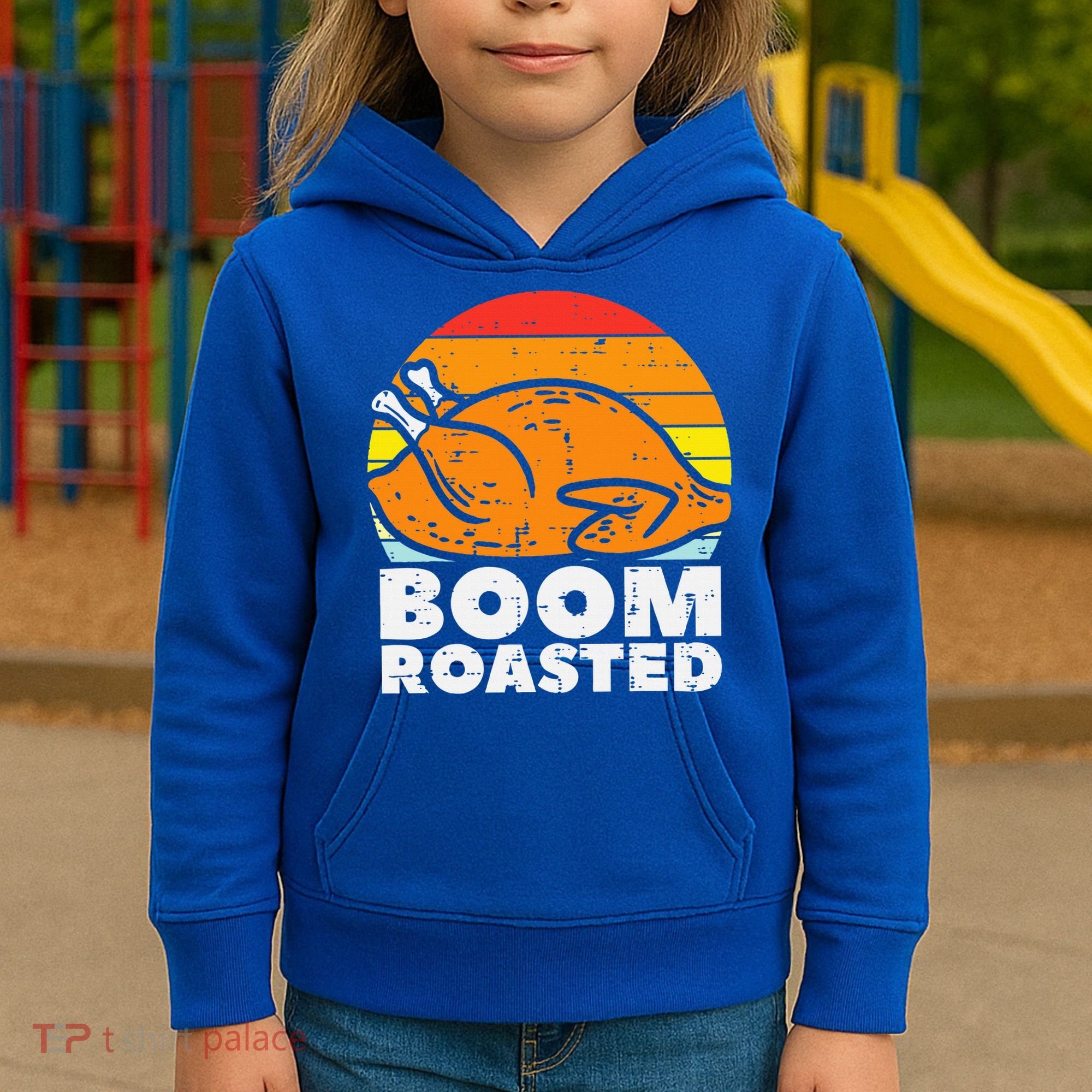 Boom Roasted Turkey Sunset Retro Thanksgiving Kids Hoodie