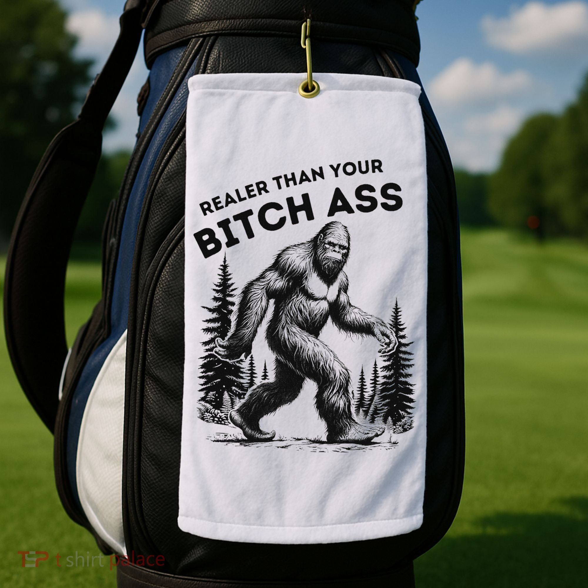 Bigfoot Realer Than Your Bitch Ass Sasquatch Funny Joke Golf Towel