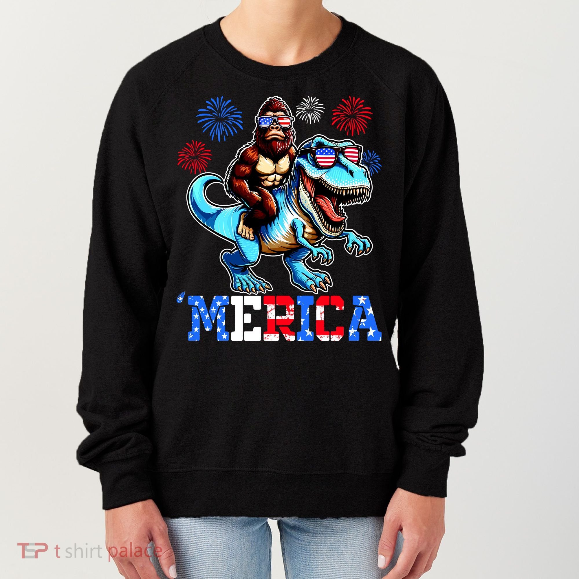 Bigfoot Riding Trex 4th Of July Merica Women's Sweatshirt