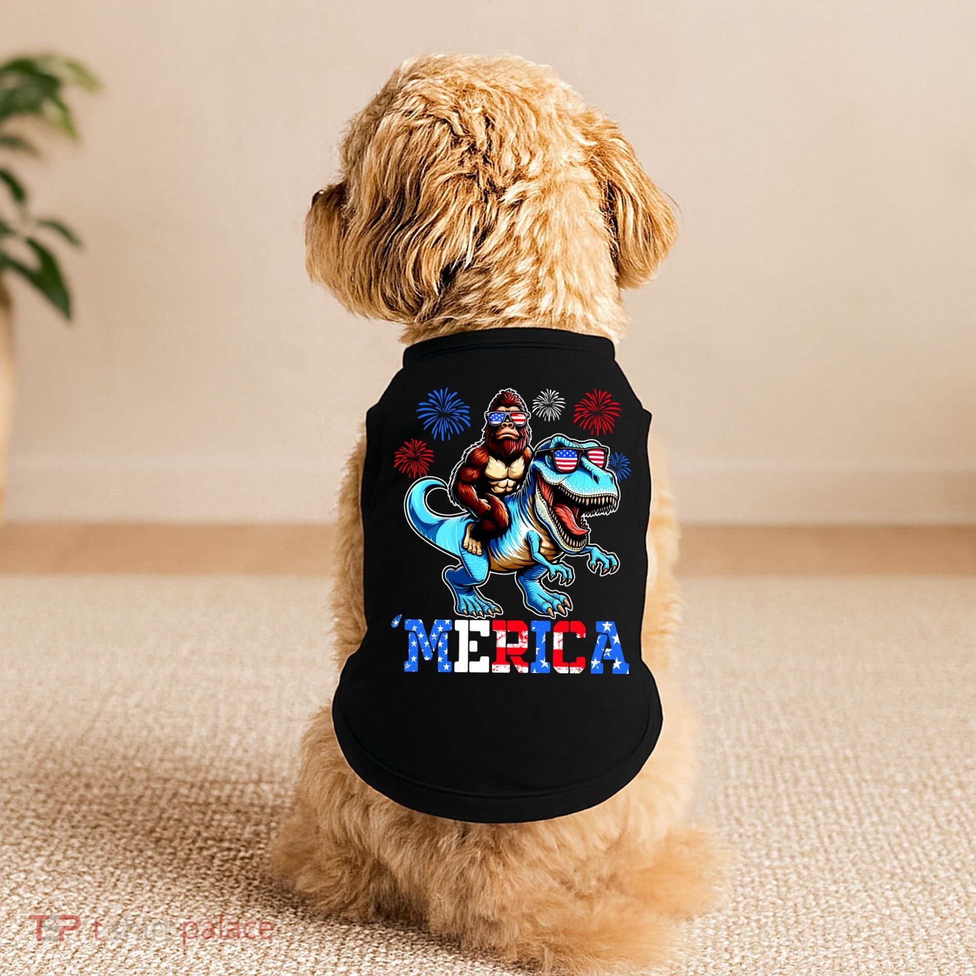 Bigfoot Riding Trex 4th Of July Merica Doggie Tank