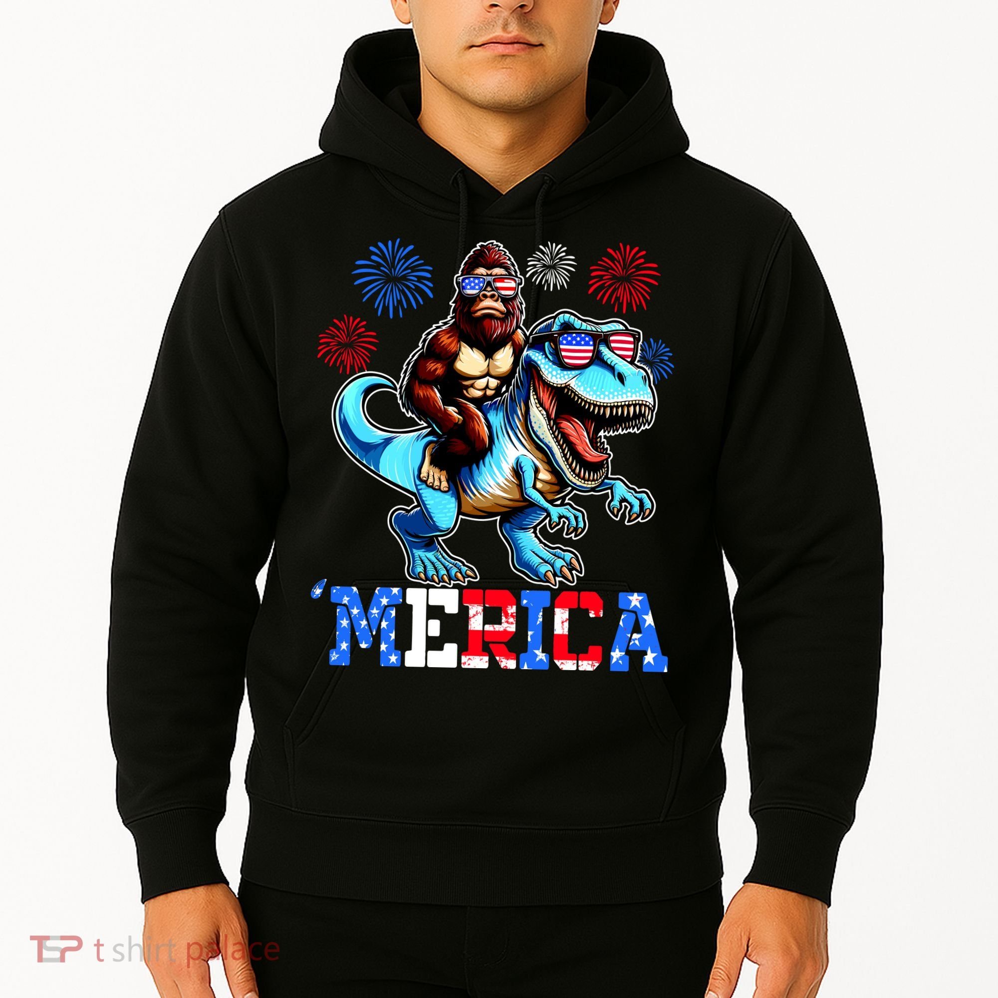 Bigfoot Riding Trex 4th Of July Merica Hoodie