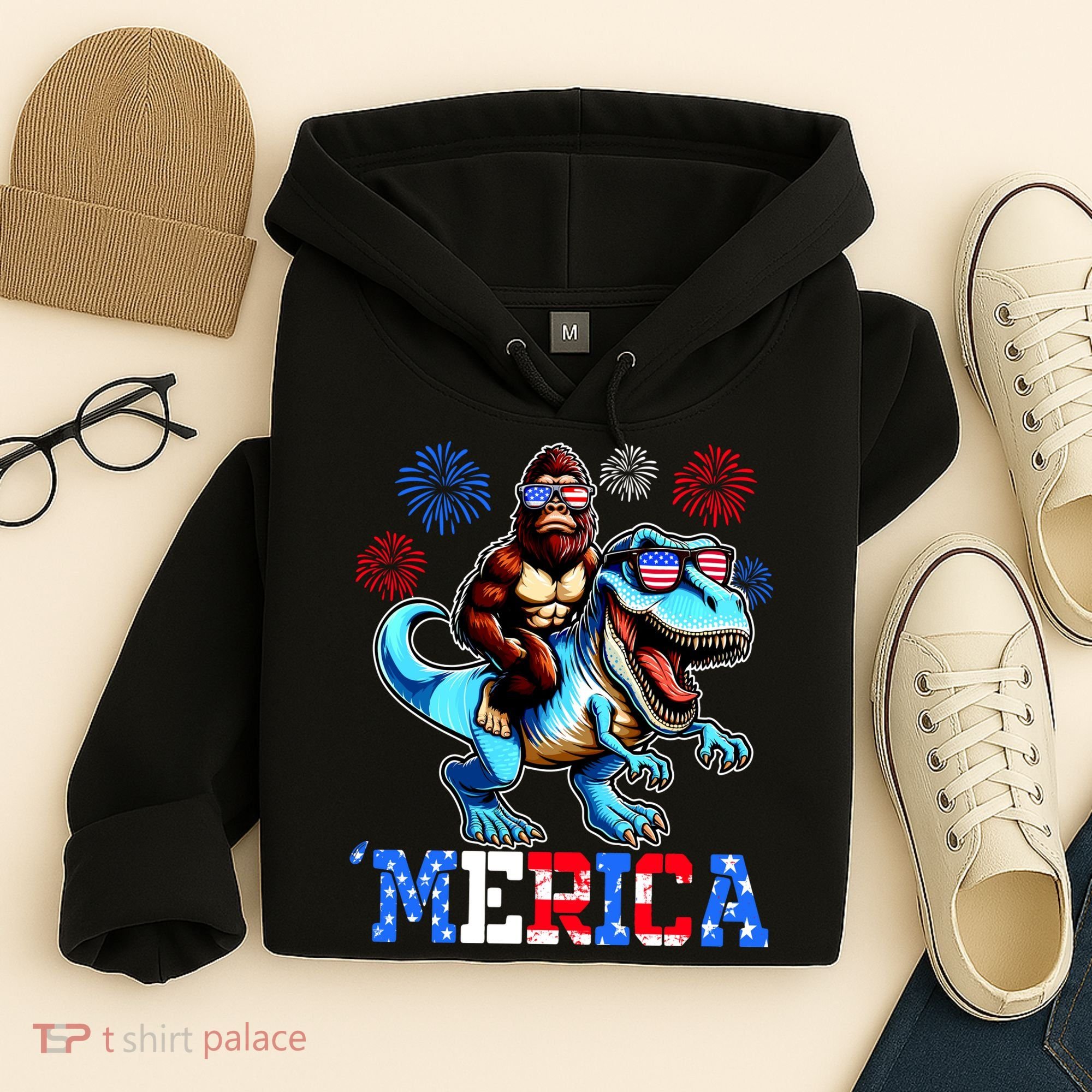 Bigfoot Riding Trex 4th Of July Merica Hoodie
