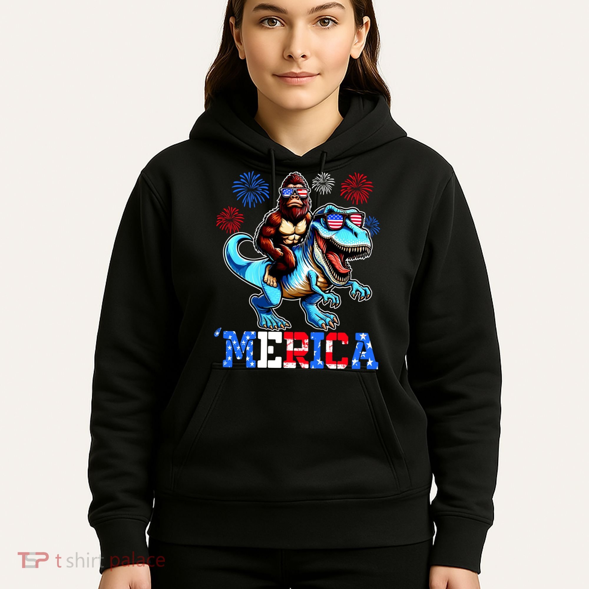 Bigfoot Riding Trex 4th Of July Merica Hoodie