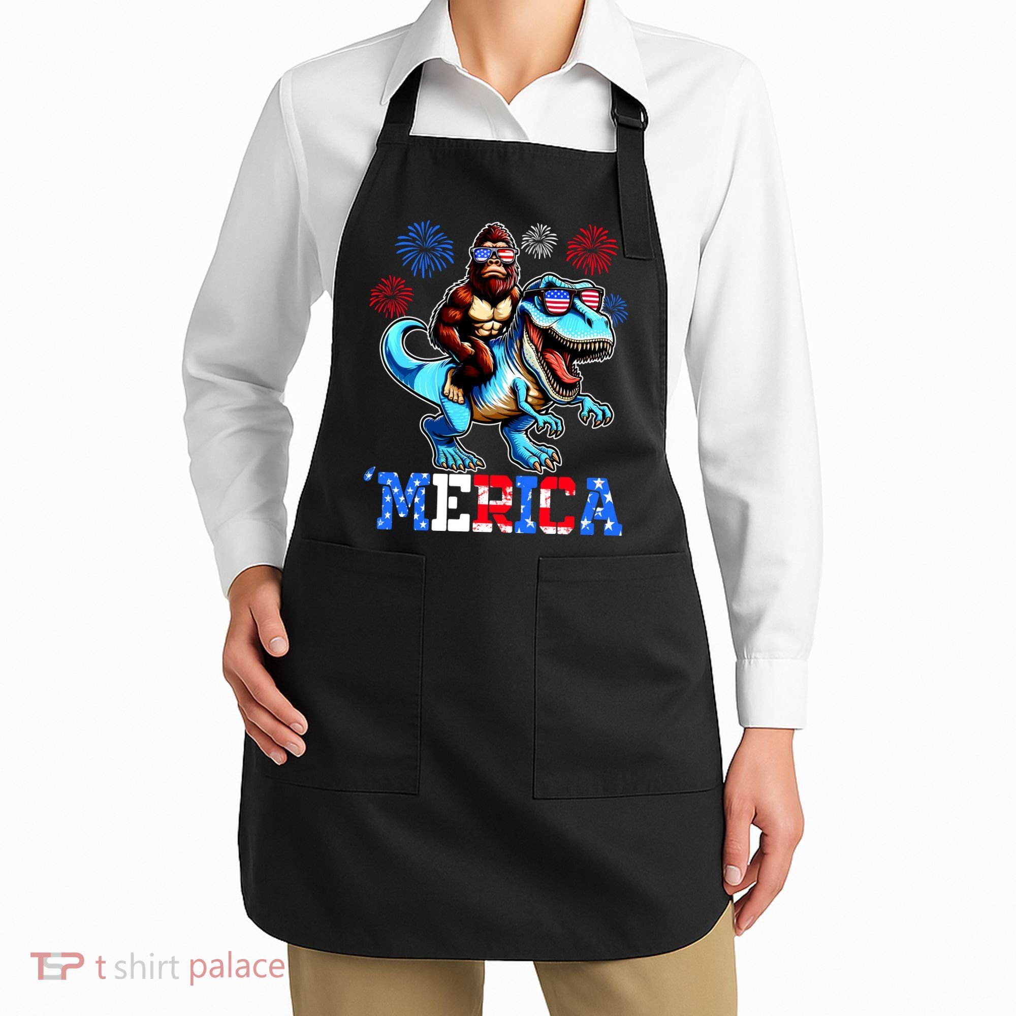 Bigfoot Riding Trex 4th Of July Merica Apron