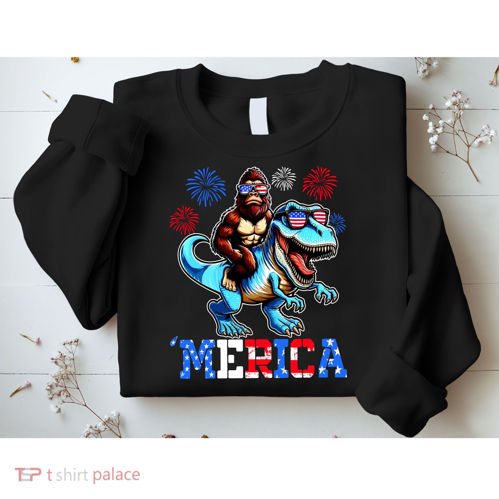 Bigfoot Riding Trex 4th Of July Merica Sweatshirt