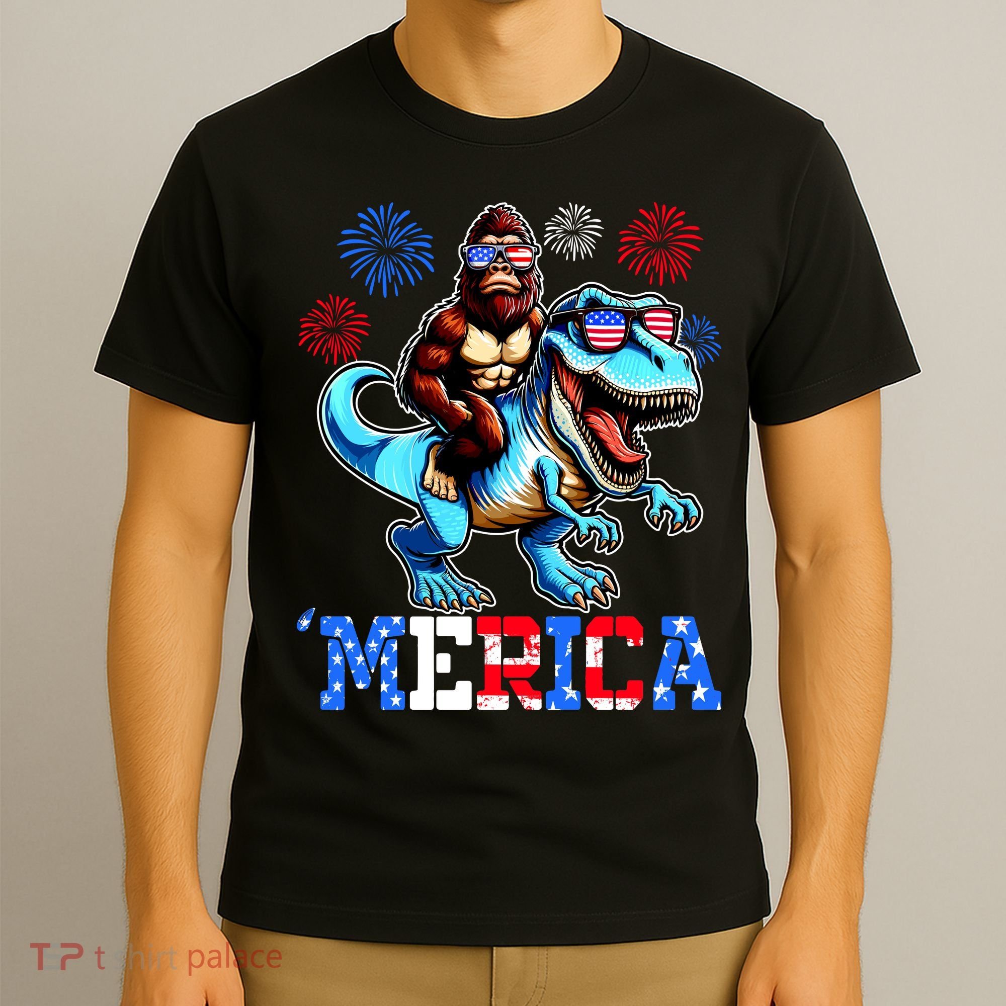 Bigfoot Riding Trex 4th Of July Merica T-Shirt