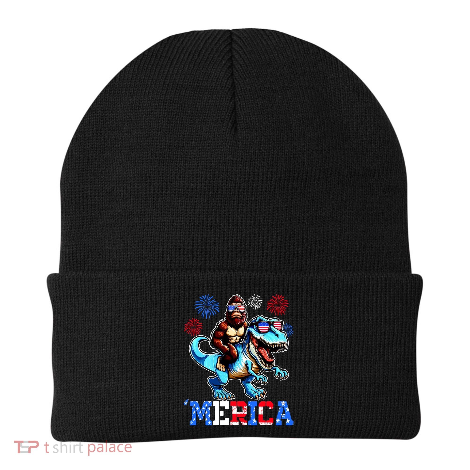 Bigfoot Riding Trex 4th Of July Merica Beanie