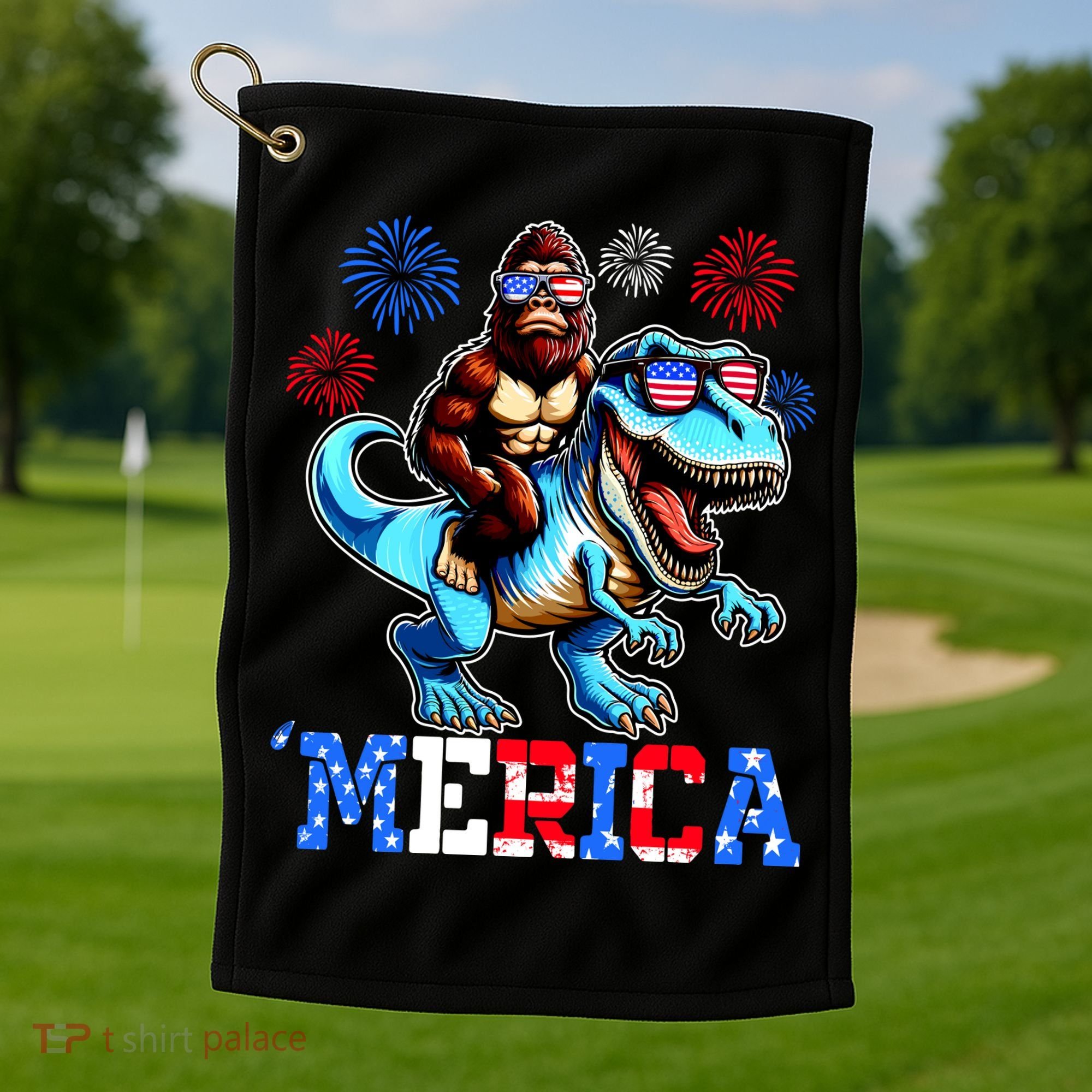 Bigfoot Riding Trex 4th Of July Merica Golf Towel