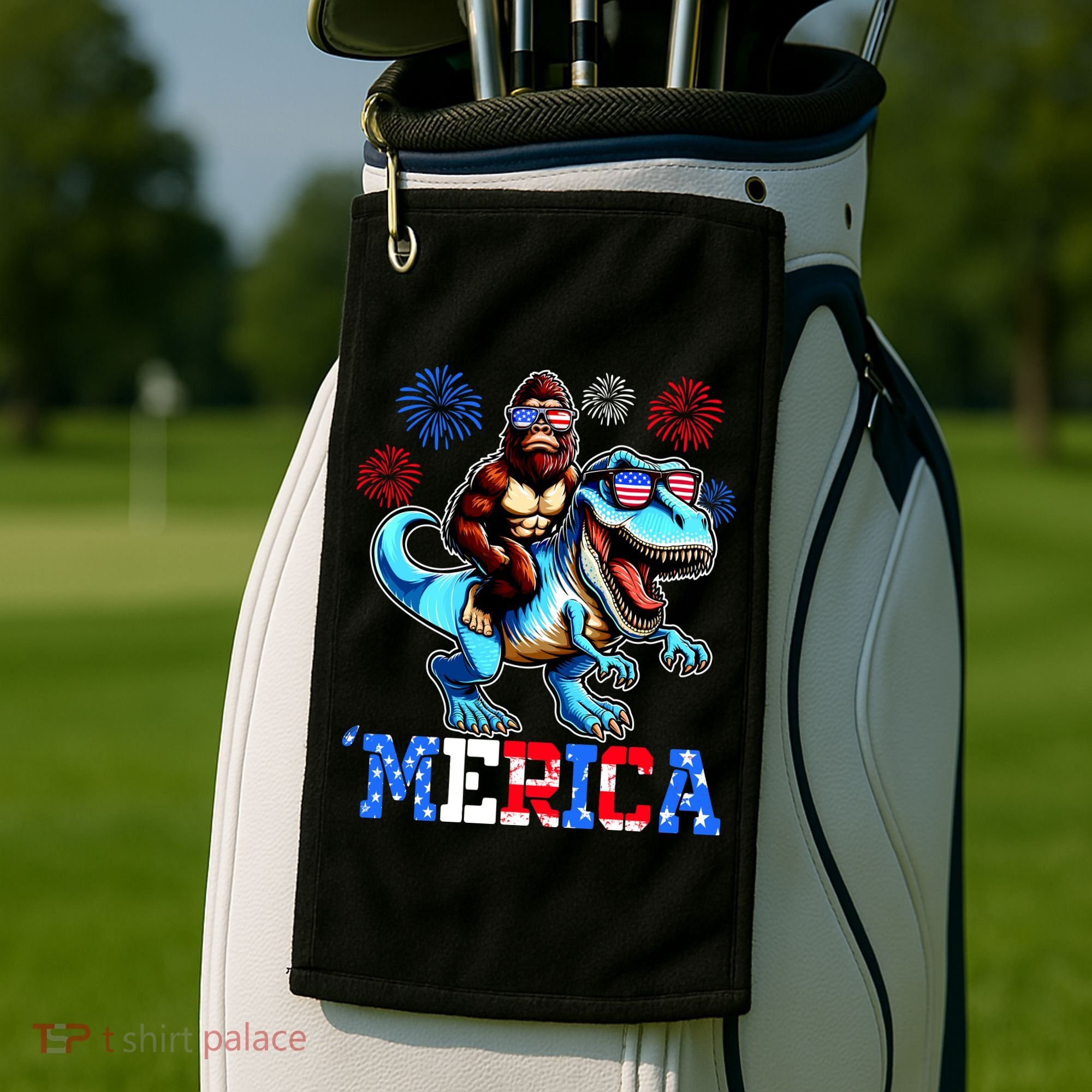 Bigfoot Riding Trex 4th Of July Merica Golf Towel