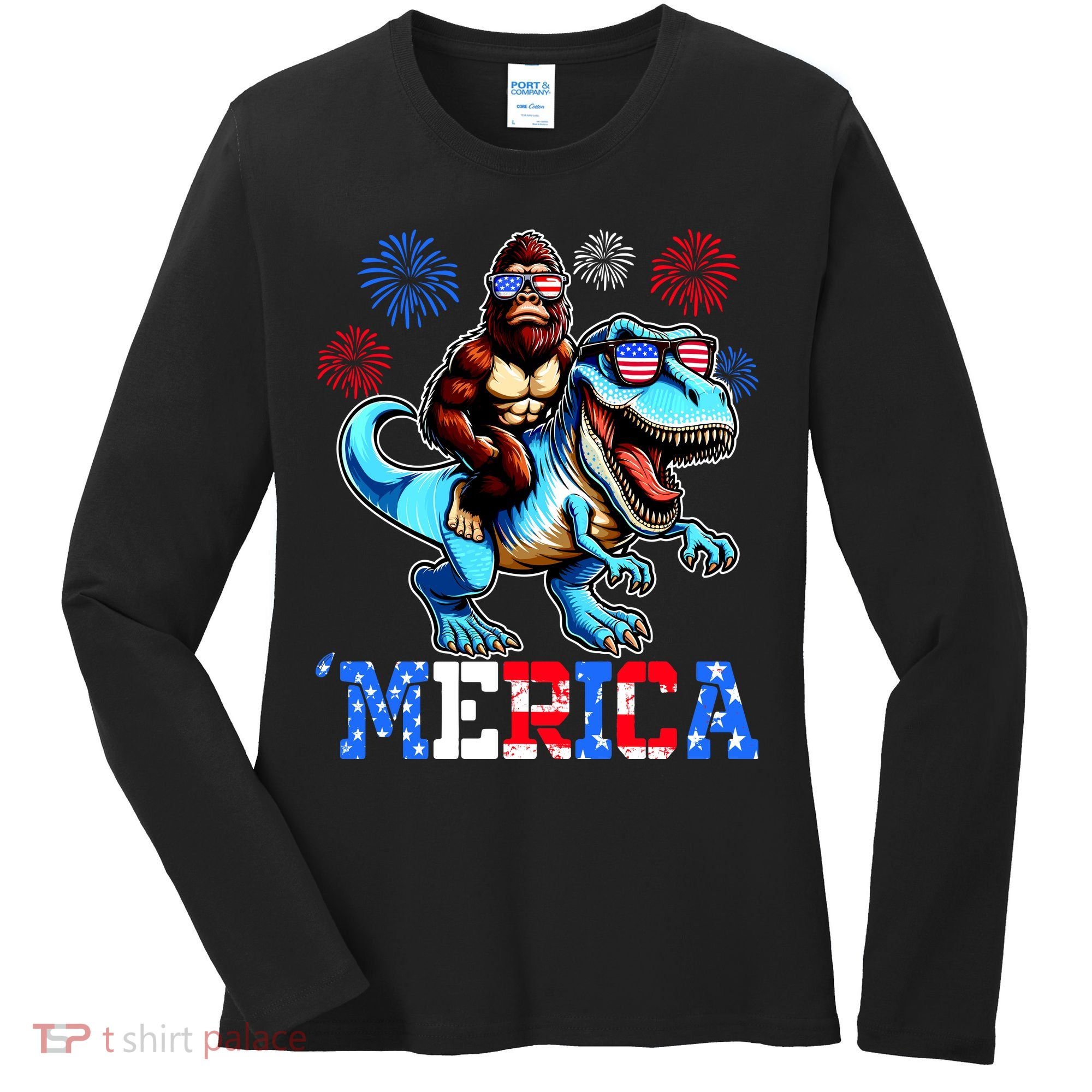 Bigfoot Riding Trex 4th Of July Merica Women's Long Sleeve Shirt