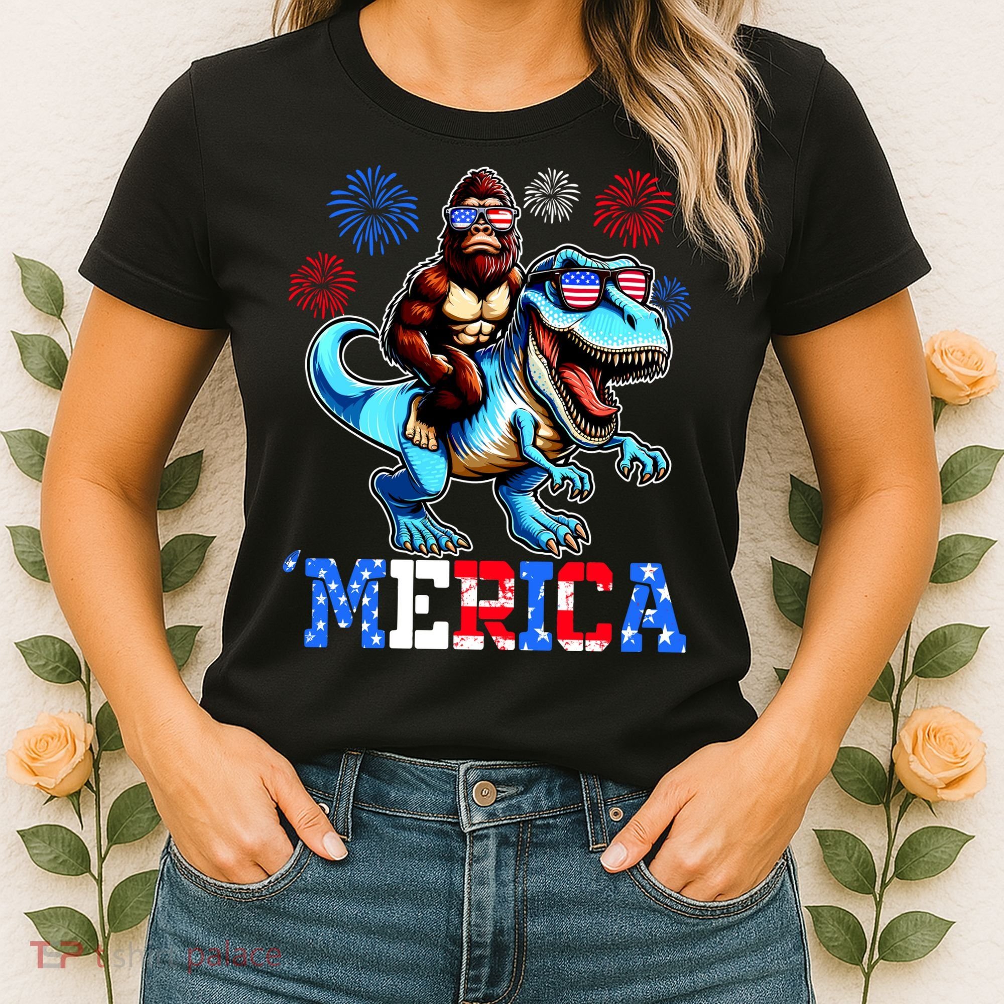 Bigfoot Riding Trex 4th Of July Merica Women's T-Shirt