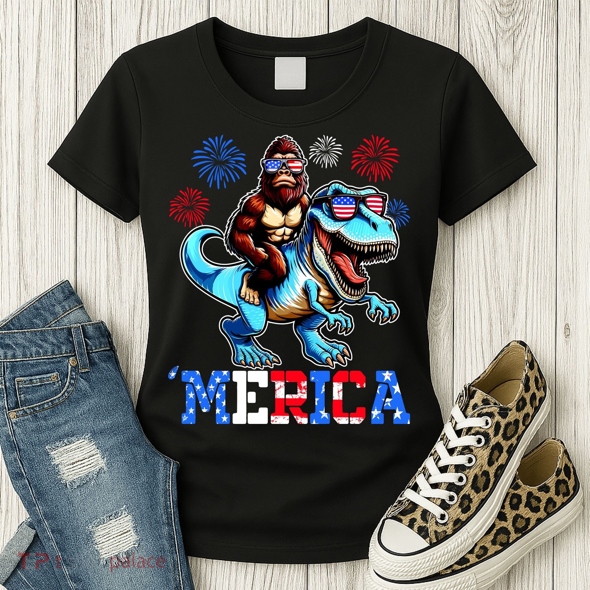 Bigfoot Riding Trex 4th Of July Merica Women's T-Shirt